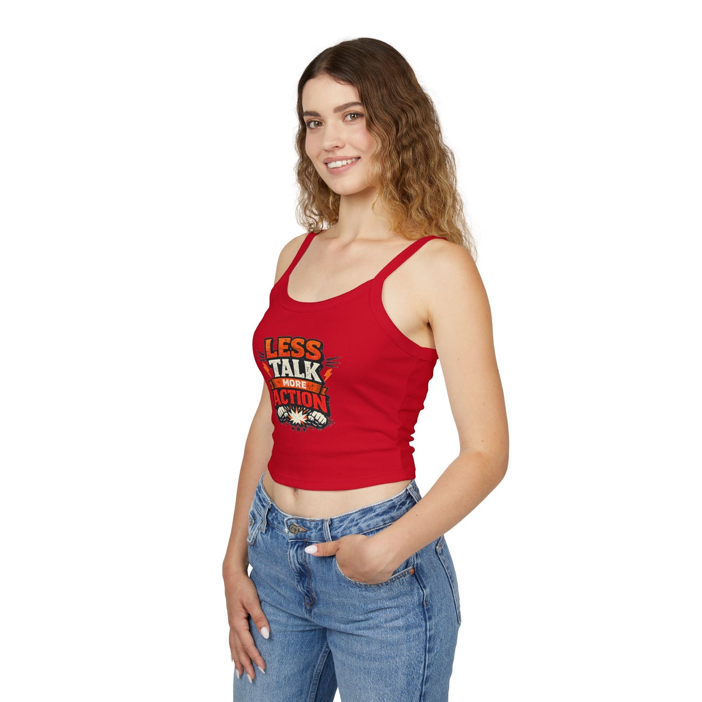 Tanktop „Weniger reden, mehr handeln“ für Damen mit Spaghettiträgern – Motivierende Activewear
