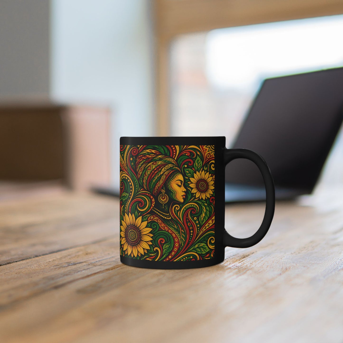Afrocentric Sunflower Art Mug — Black Ceramic Coffee Cup (11oz/15oz)
