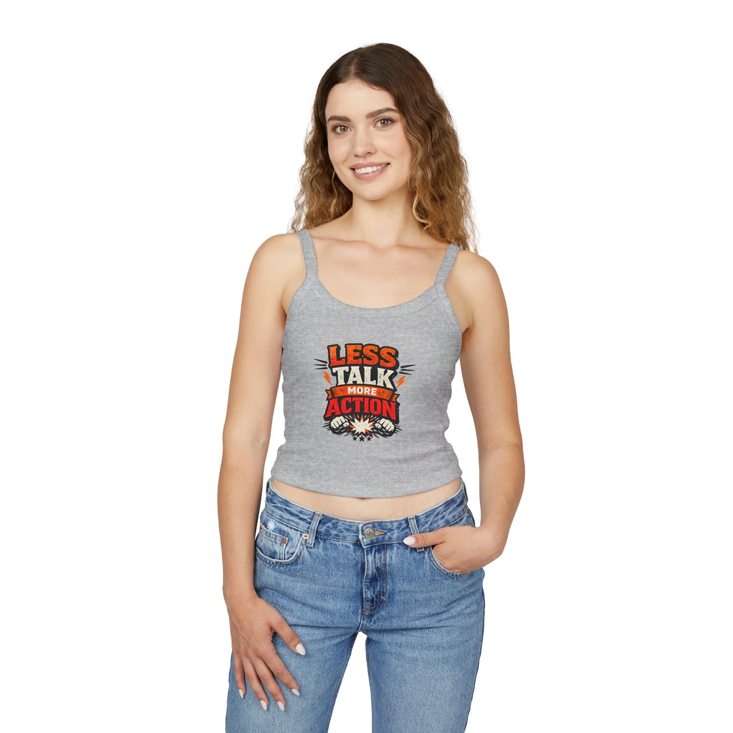 Tanktop „Weniger reden, mehr handeln“ für Damen mit Spaghettiträgern – Motivierende Activewear