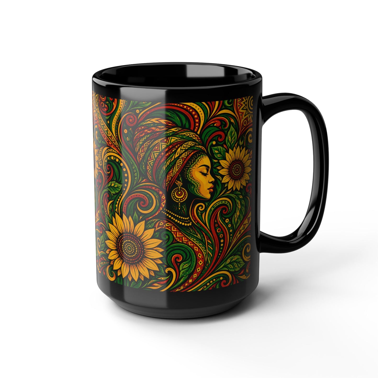 Afrocentric Sunflower Art Mug — Black Ceramic Coffee Cup (11oz/15oz)