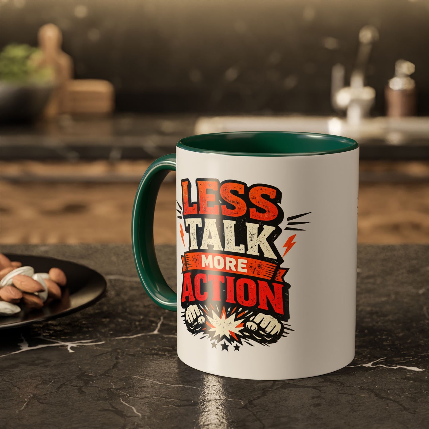 Less Talk More Action Ceramic Mug — Colorful 11oz & 15oz Coffee Cup