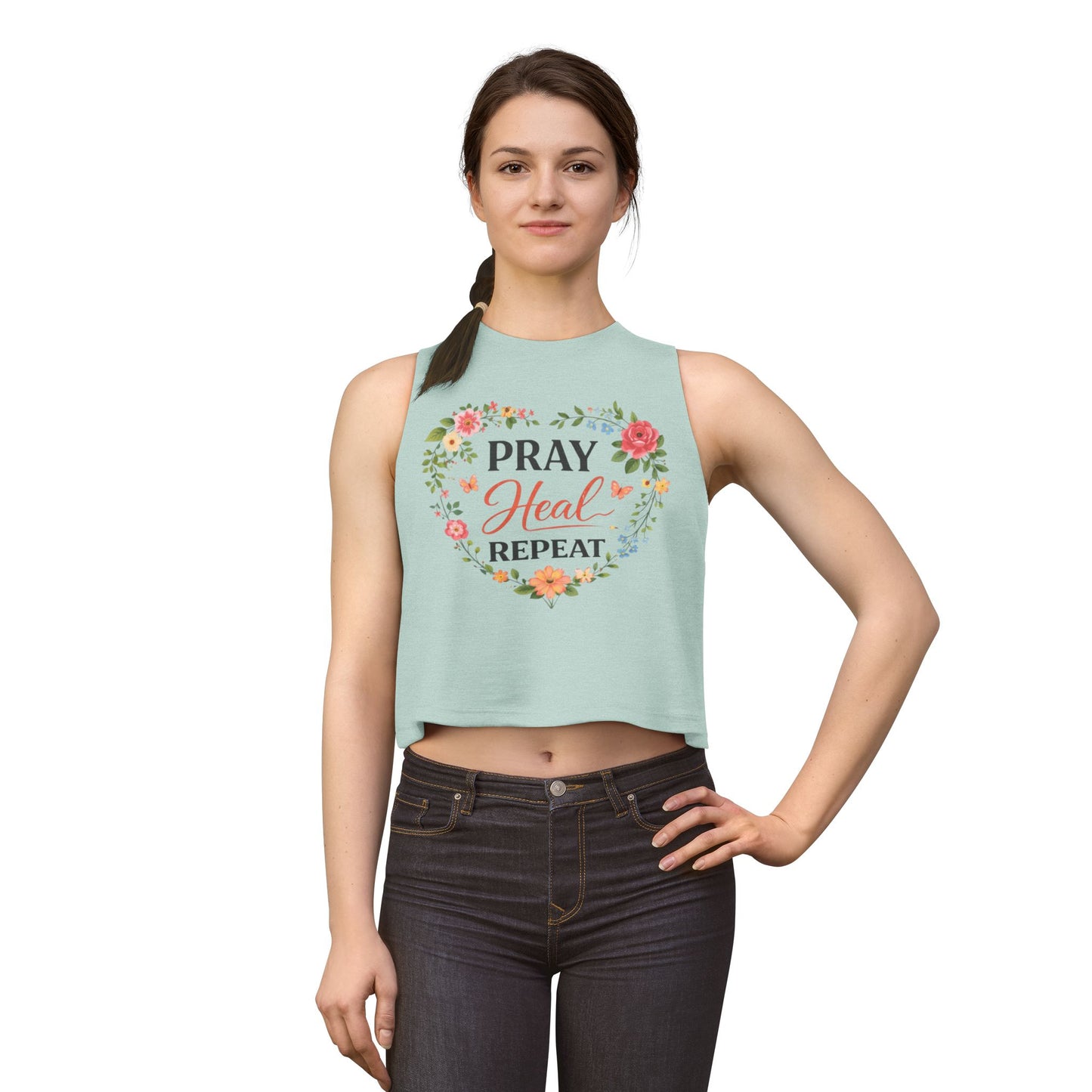 Pray Heal Repeat Damen Crop Top — Glaubensinspiriertes spirituelles Gebets-T-Shirt