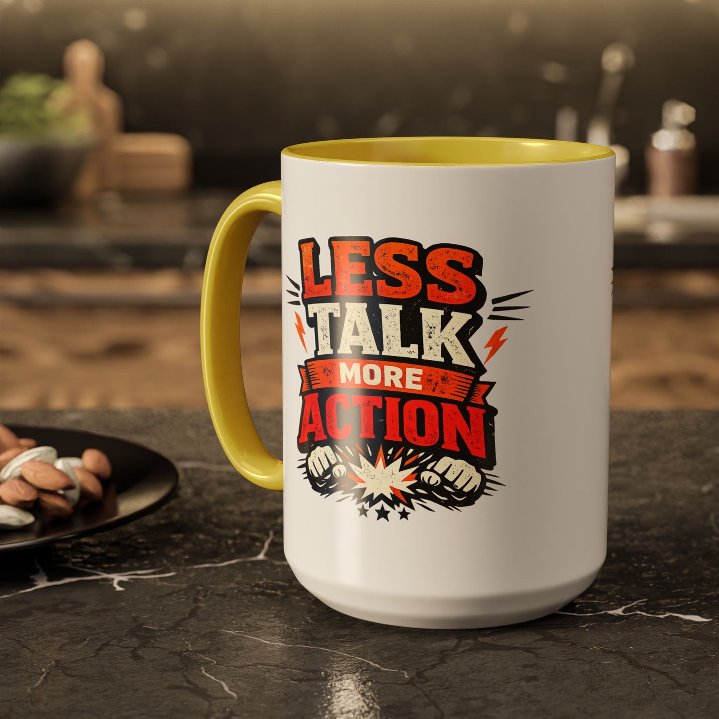 Less Talk More Action Ceramic Mug — Colorful 11oz & 15oz Coffee Cup