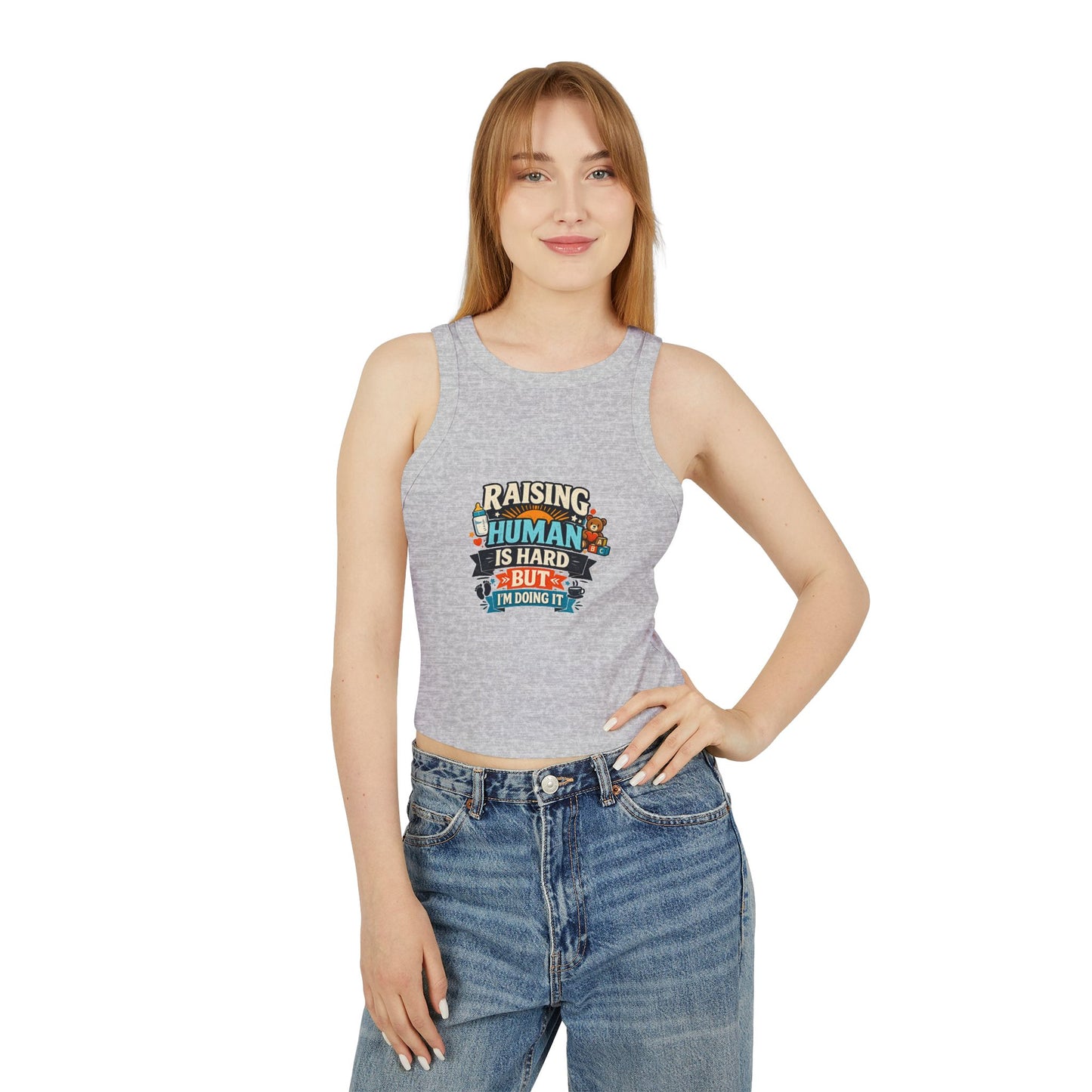 Raising Human Is Hard Racer Tank Top — Damen Micro Rib Erziehungs-T-Shirt