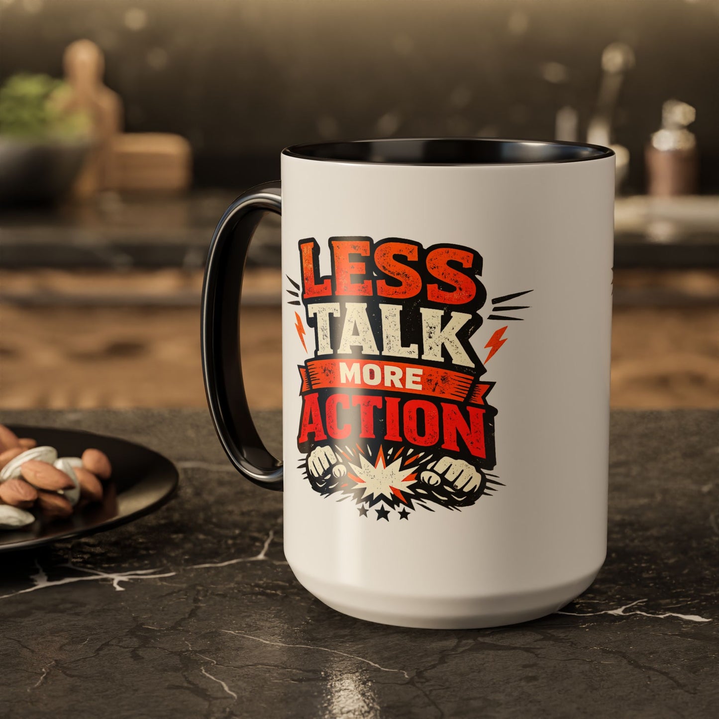 Less Talk More Action Ceramic Mug — Colorful 11oz & 15oz Coffee Cup