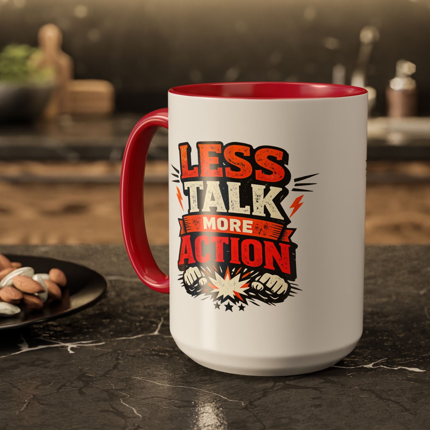 Less Talk More Action Ceramic Mug — Colorful 11oz & 15oz Coffee Cup