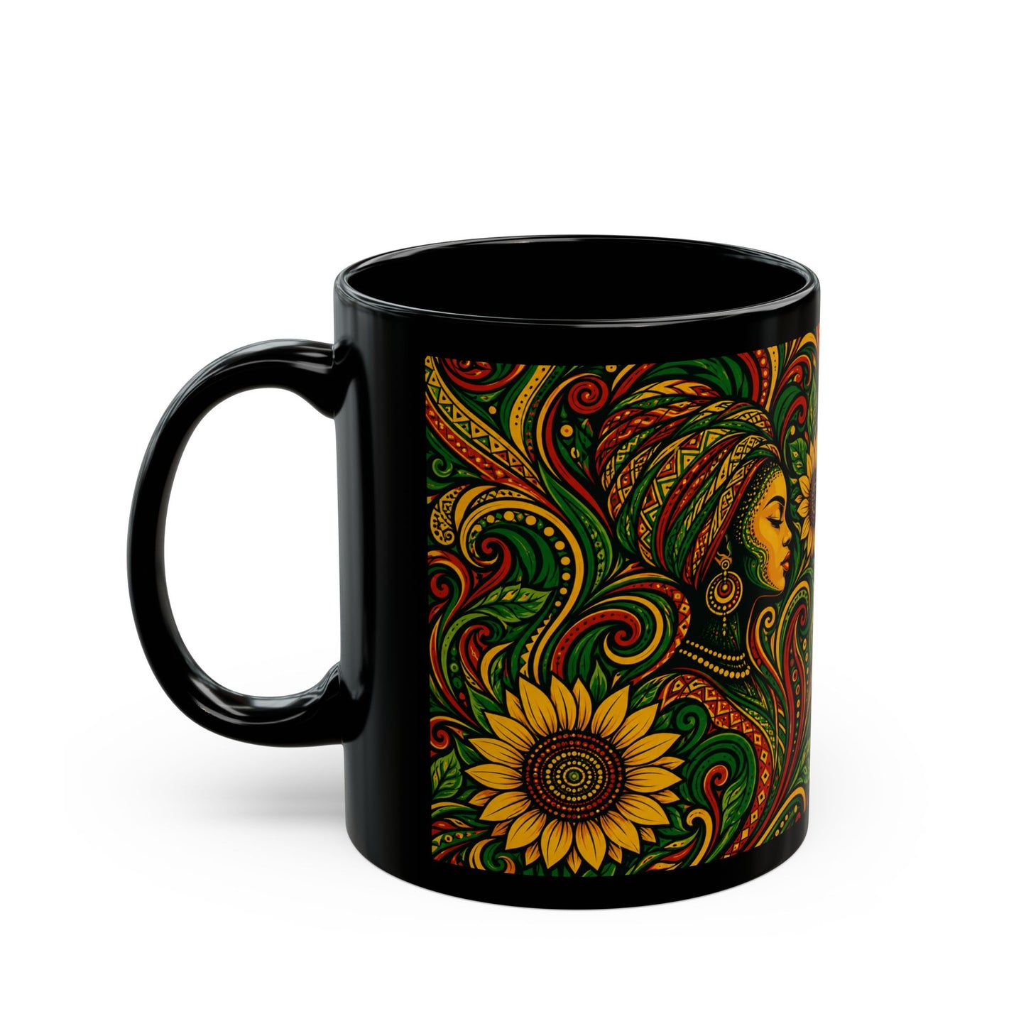 Afrocentric Sunflower Art Mug — Black Ceramic Coffee Cup (11oz/15oz)