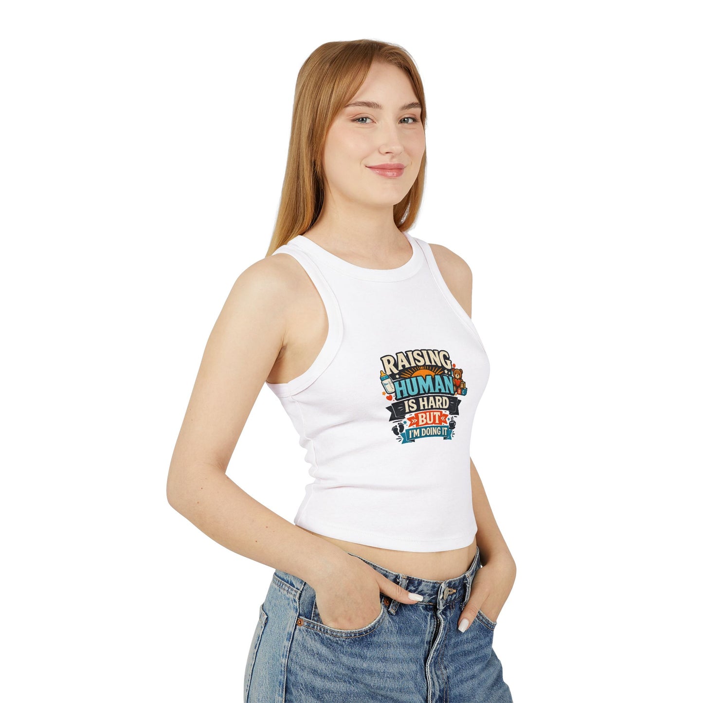 Raising Human Is Hard Racer Tank Top — Damen Micro Rib Erziehungs-T-Shirt