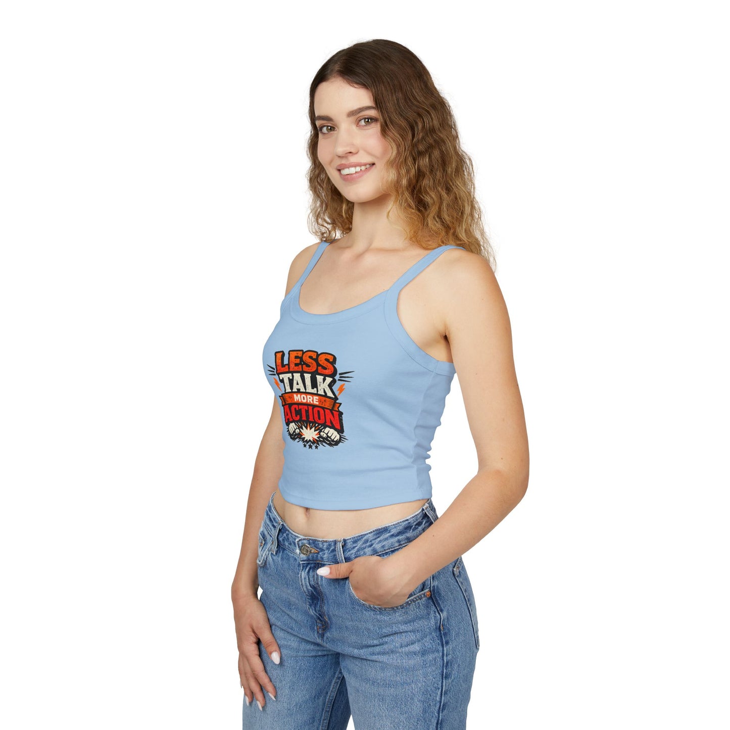 Tanktop „Weniger reden, mehr handeln“ für Damen mit Spaghettiträgern – Motivierende Activewear