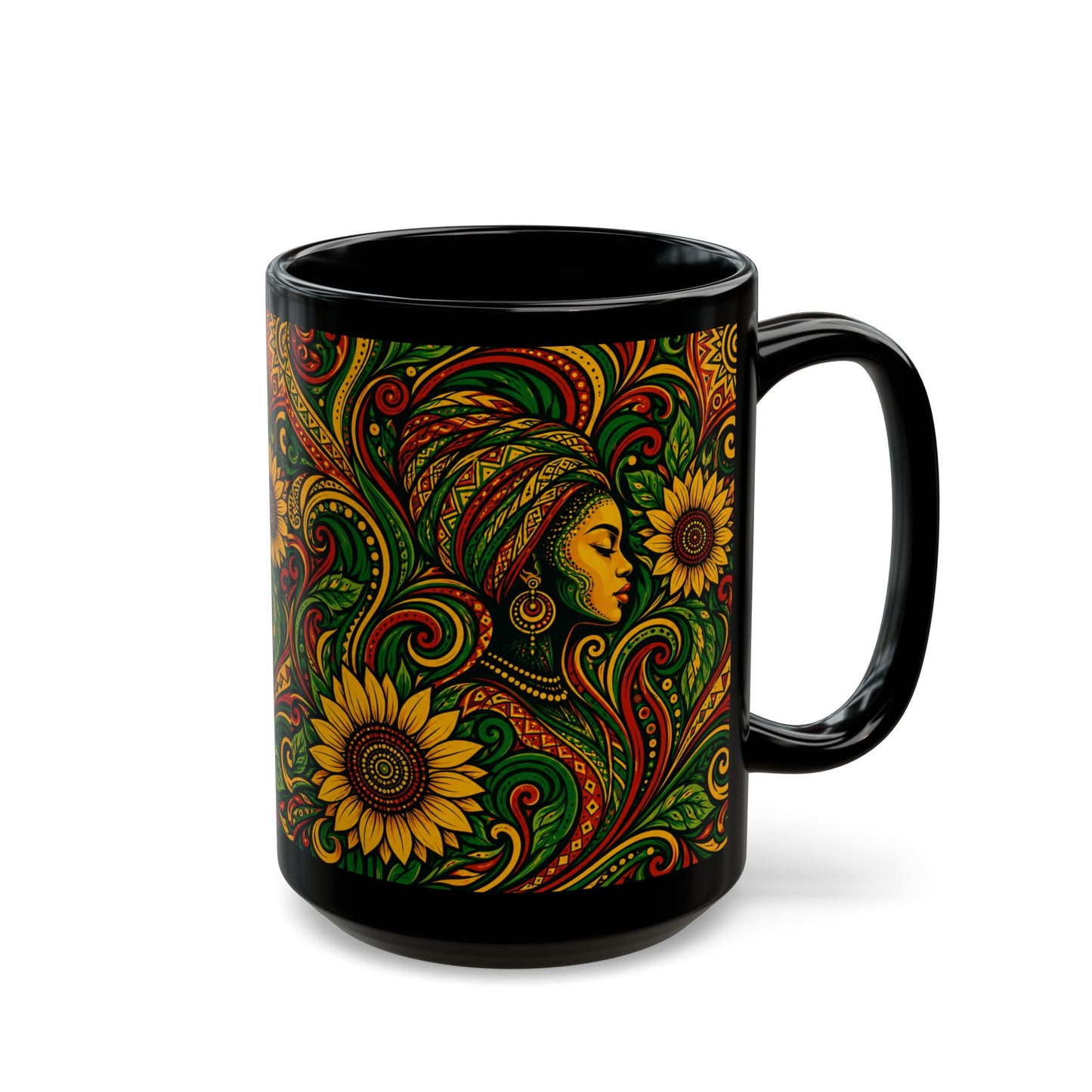 Afrocentric Sunflower Art Mug — Black Ceramic Coffee Cup (11oz/15oz)