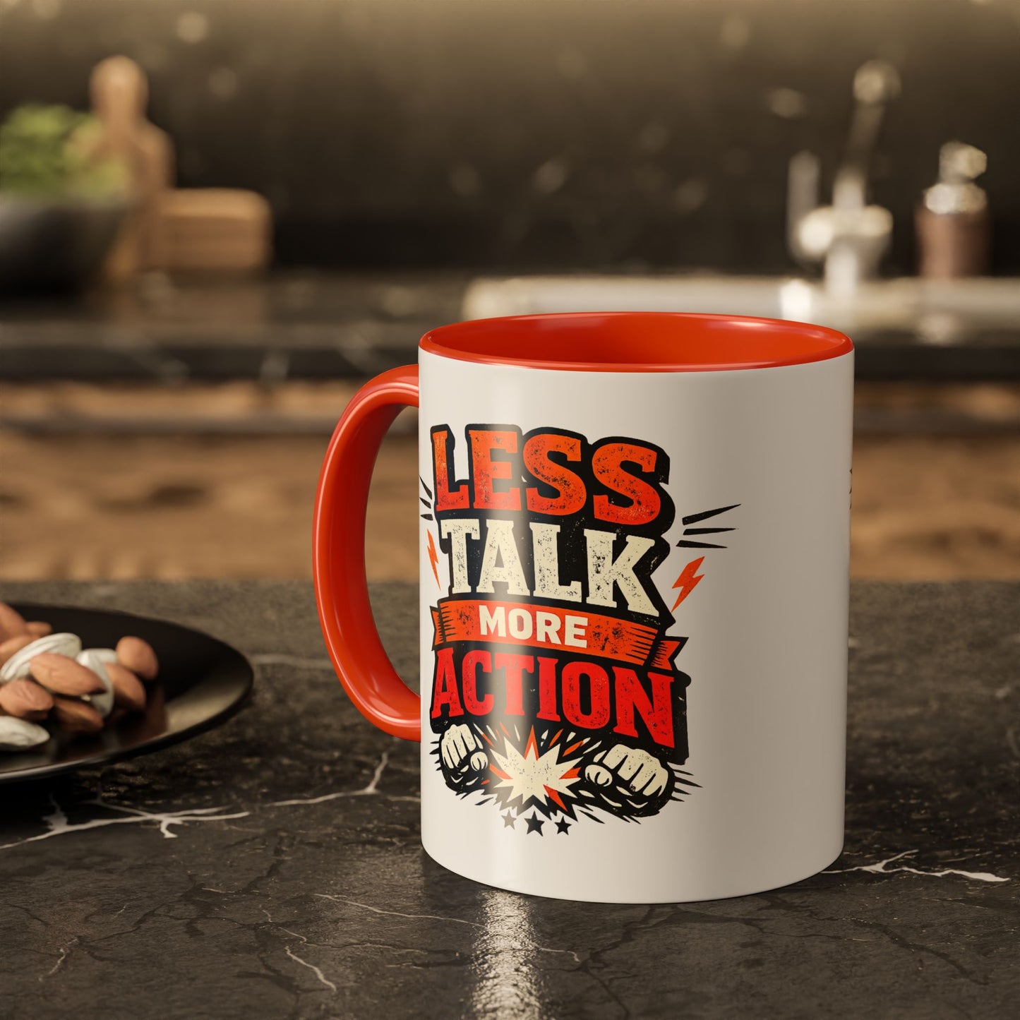 Less Talk More Action Ceramic Mug — Colorful 11oz & 15oz Coffee Cup