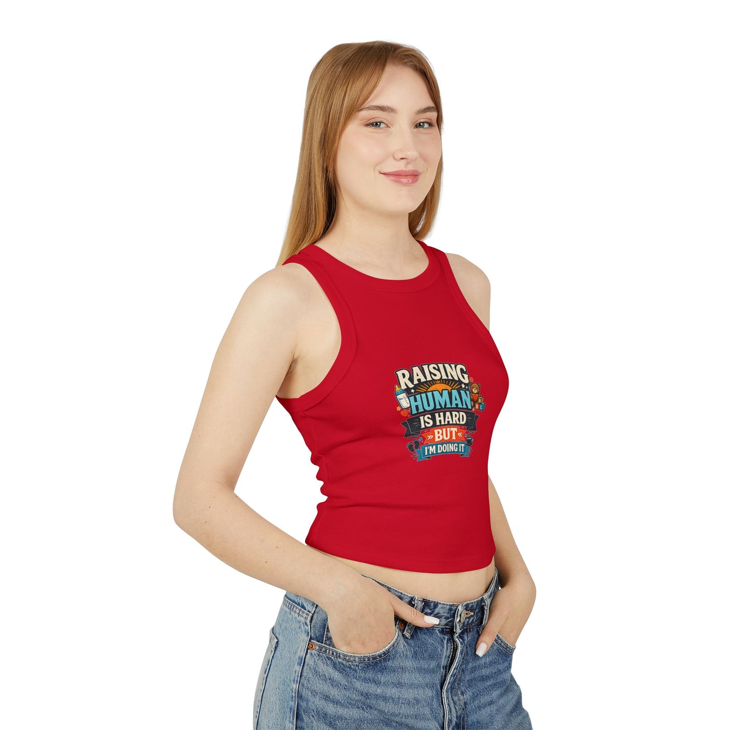 Raising Human Is Hard Racer Tank Top — Damen Micro Rib Erziehungs-T-Shirt