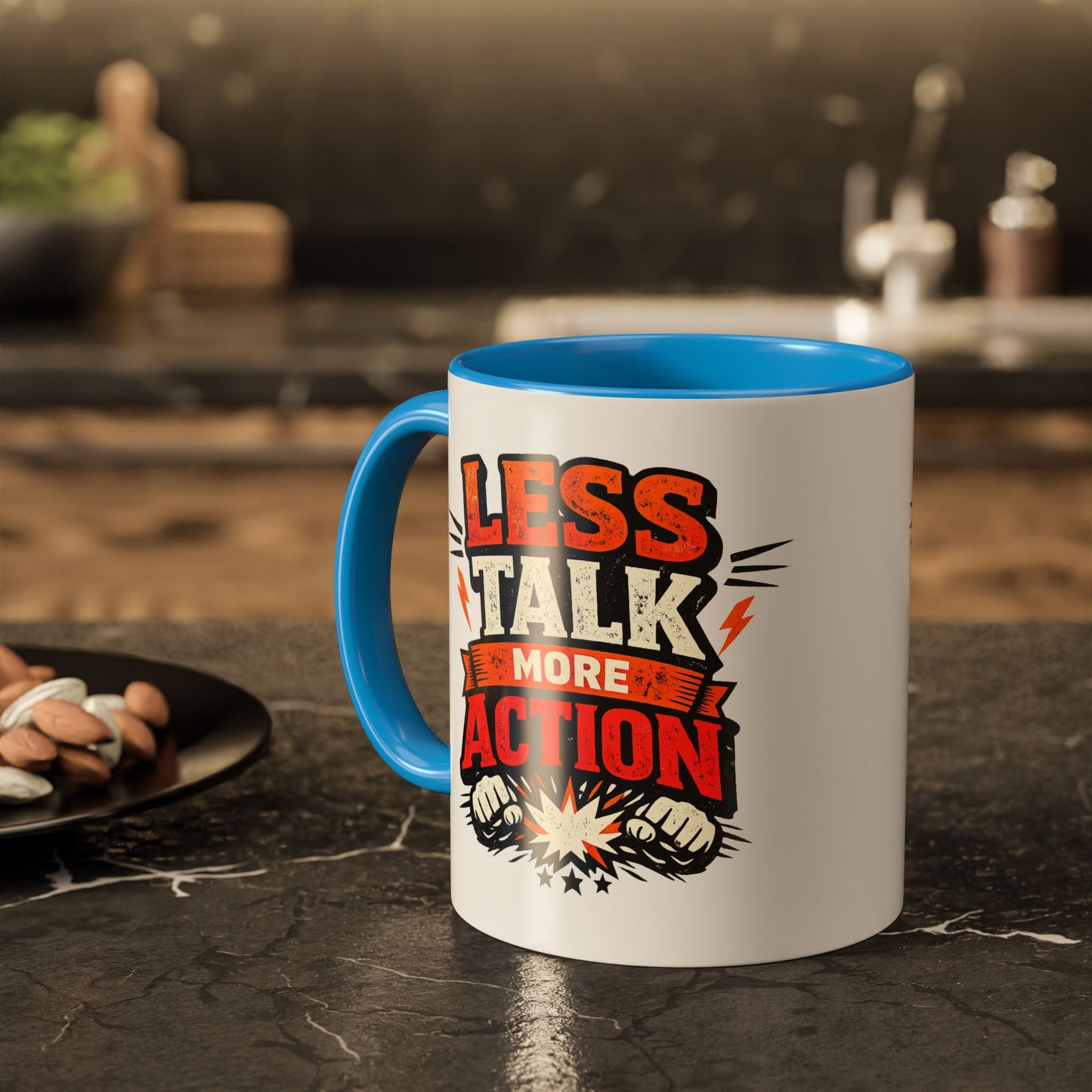 Less Talk More Action Ceramic Mug — Colorful 11oz & 15oz Coffee Cup