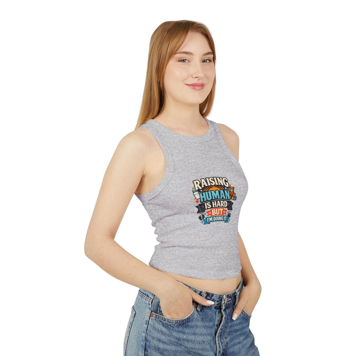 Raising Human Is Hard Racer Tank Top — Damen Micro Rib Erziehungs-T-Shirt