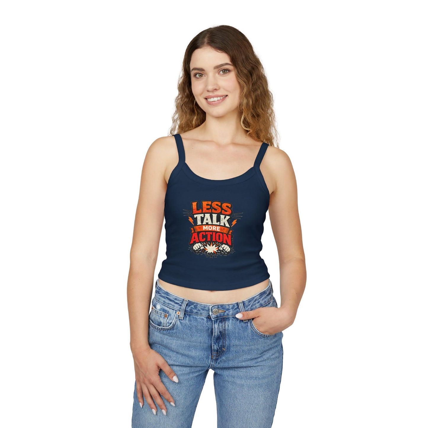 Tanktop „Weniger reden, mehr handeln“ für Damen mit Spaghettiträgern – Motivierende Activewear