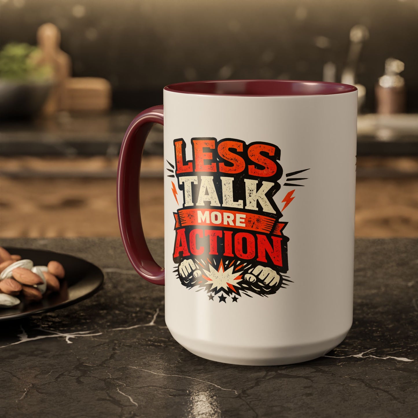 Less Talk More Action Ceramic Mug — Colorful 11oz & 15oz Coffee Cup