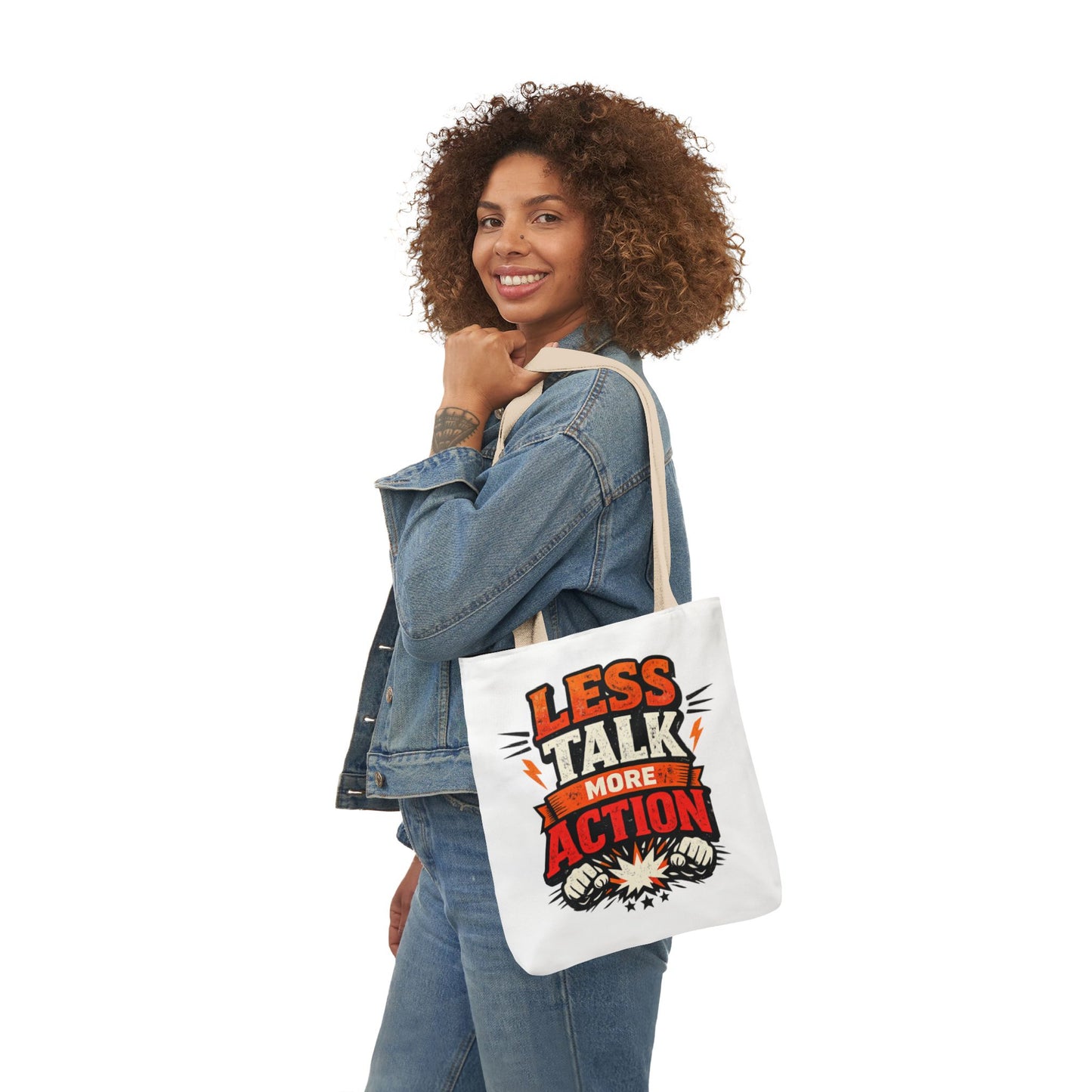 LESS TALK MORE ACTION Canvas Tote Bag — Motivational Everyday Shopper