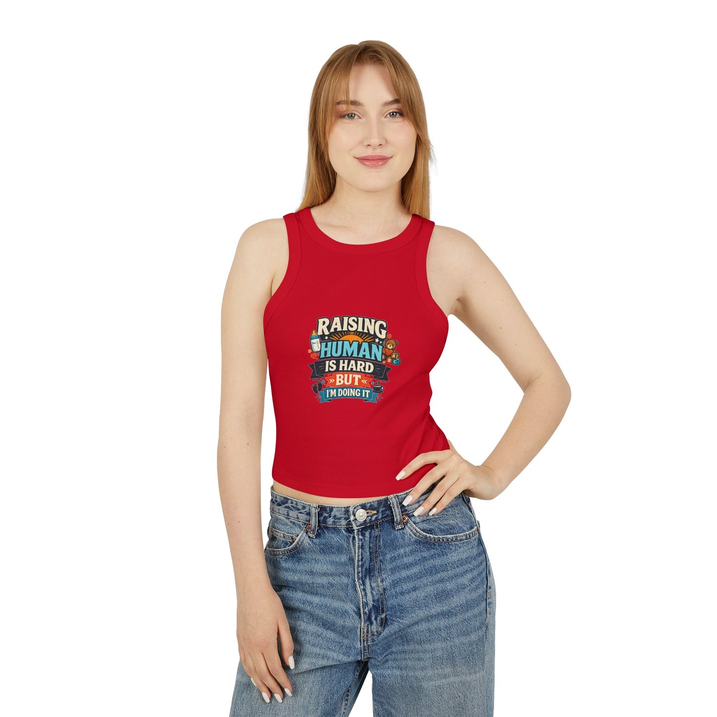 Raising Human Is Hard Racer Tank Top — Damen Micro Rib Erziehungs-T-Shirt