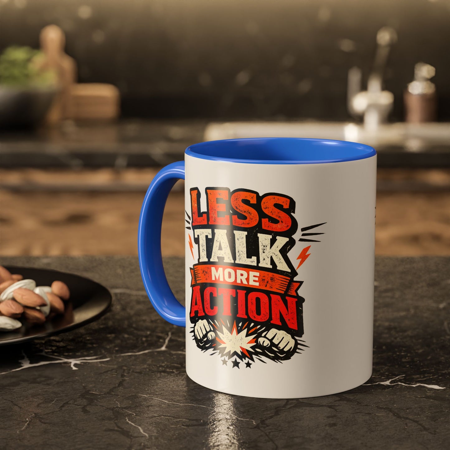 Less Talk More Action Ceramic Mug — Colorful 11oz & 15oz Coffee Cup