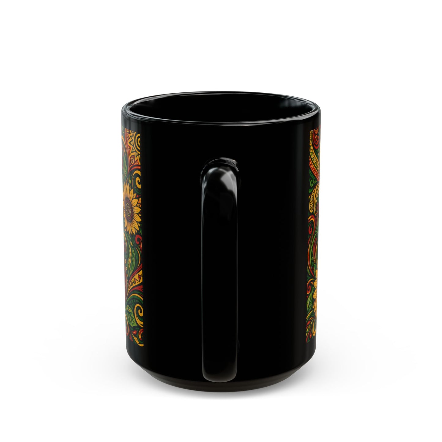 Afrocentric Sunflower Art Mug — Black Ceramic Coffee Cup (11oz/15oz)