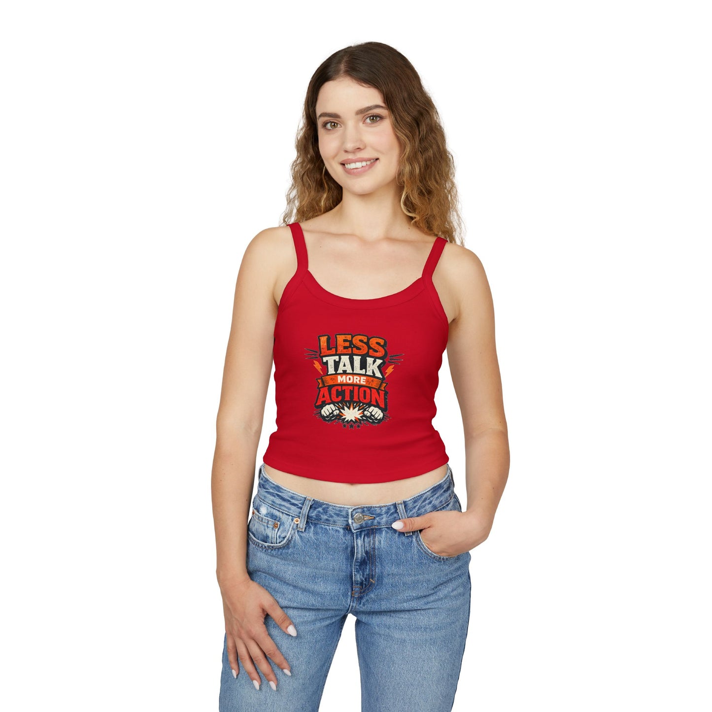 Tanktop „Weniger reden, mehr handeln“ für Damen mit Spaghettiträgern – Motivierende Activewear