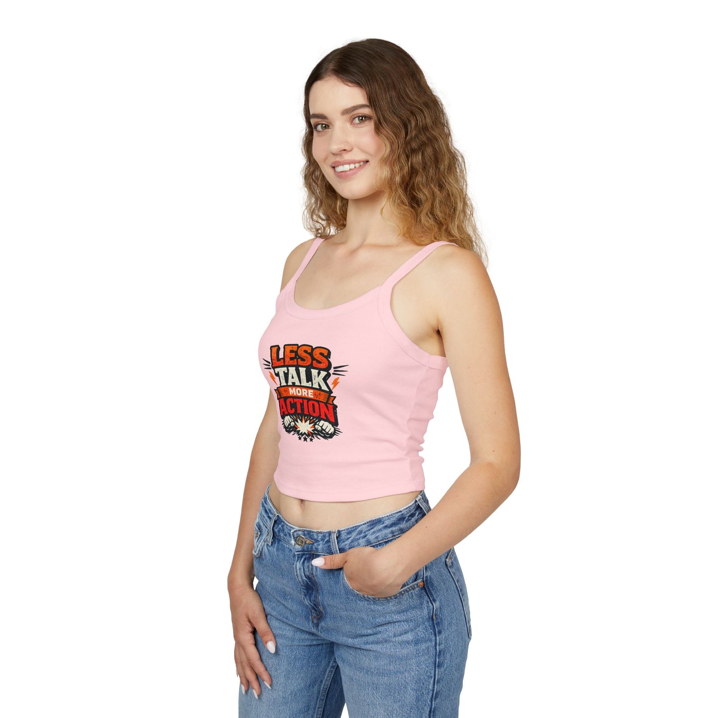Tanktop „Weniger reden, mehr handeln“ für Damen mit Spaghettiträgern – Motivierende Activewear