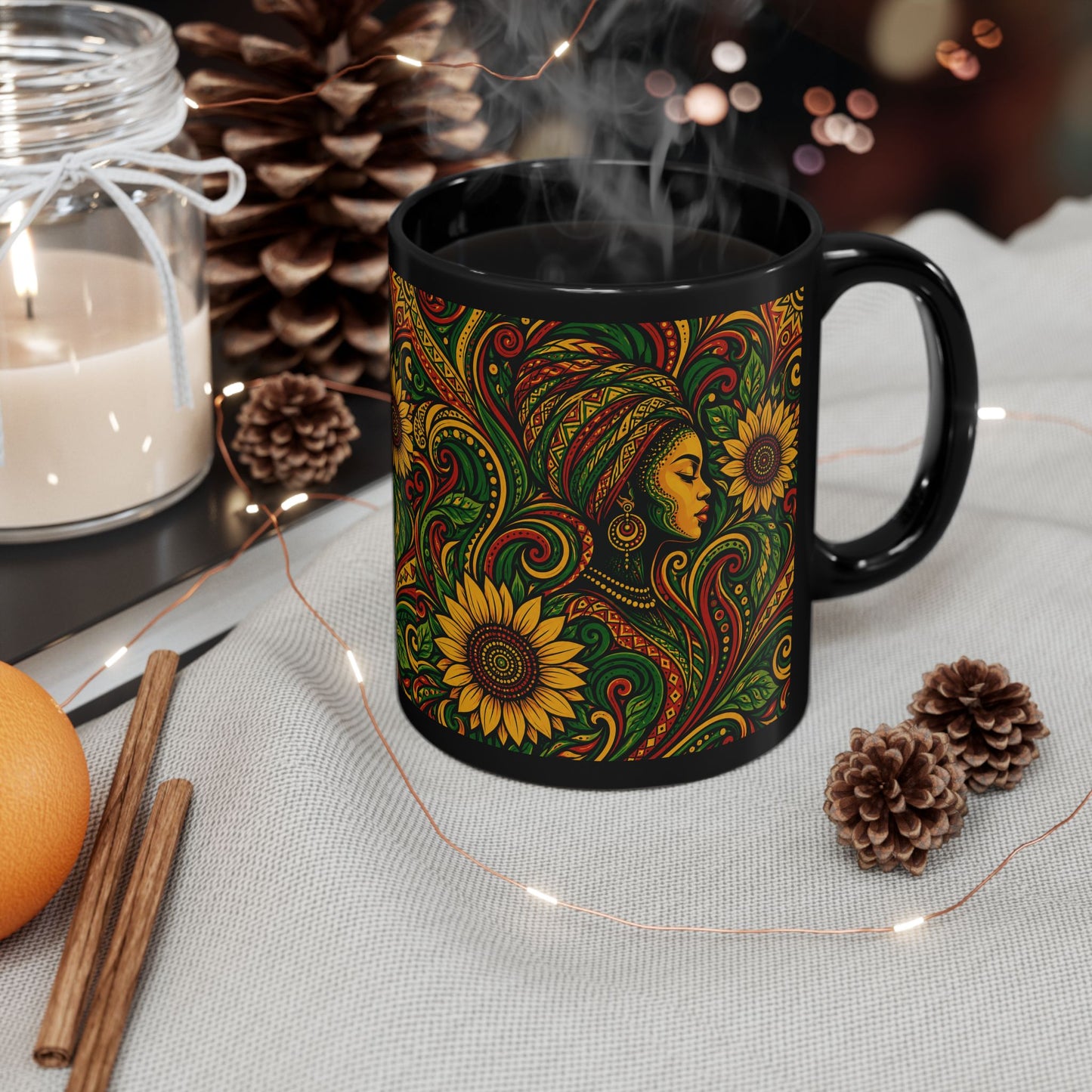 Afrocentric Sunflower Art Mug — Black Ceramic Coffee Cup (11oz/15oz)