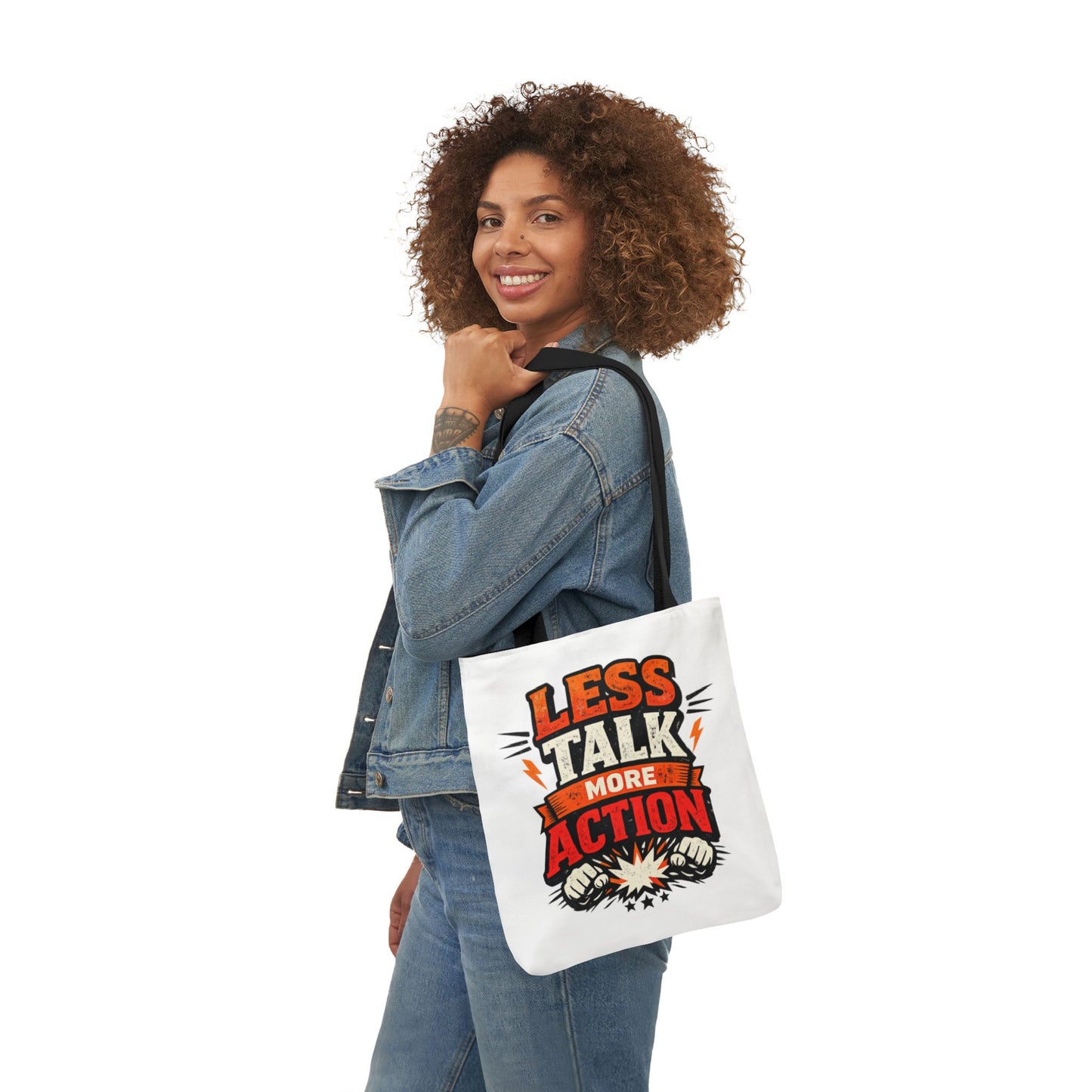 LESS TALK MORE ACTION Canvas Tote Bag — Motivational Everyday Shopper