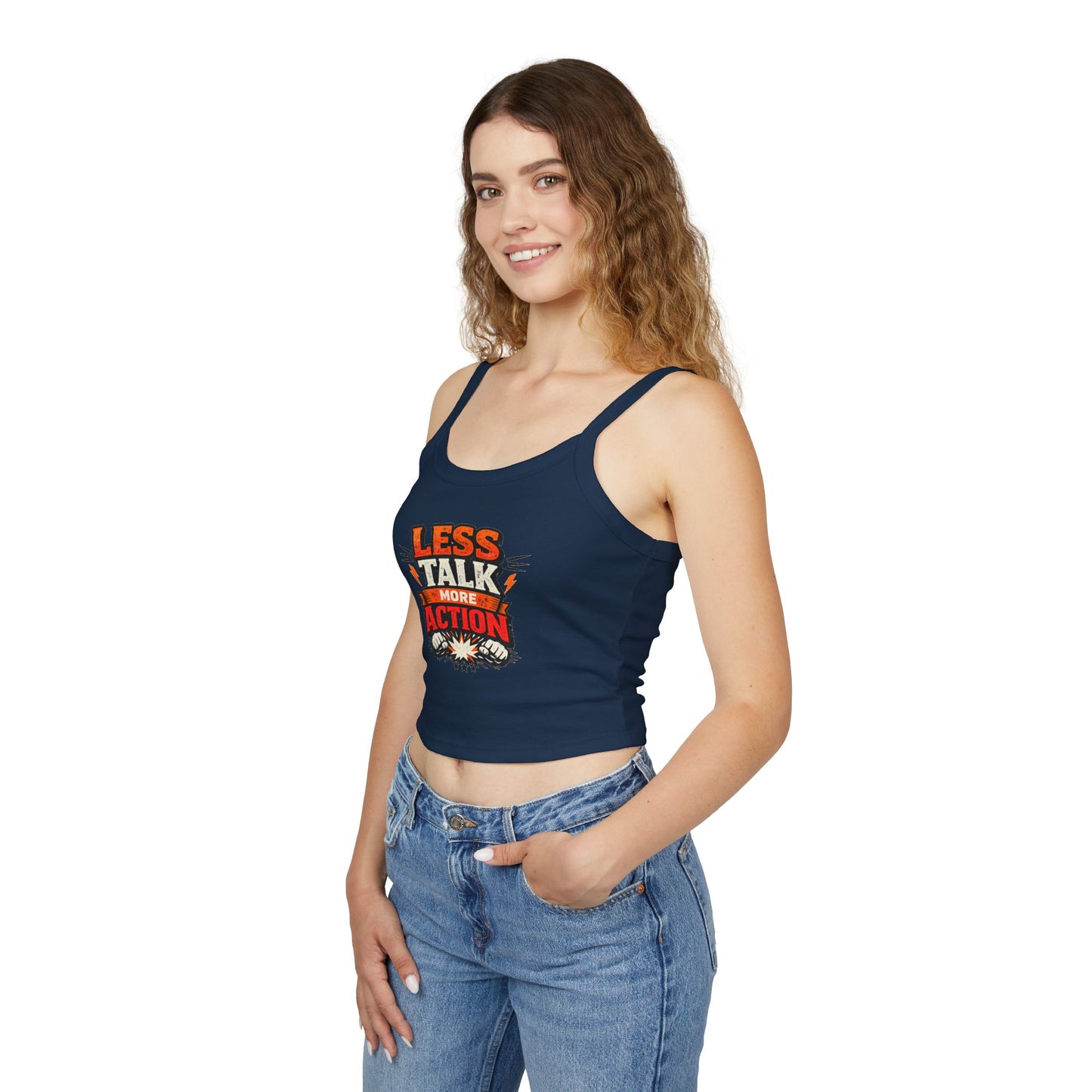 Tanktop „Weniger reden, mehr handeln“ für Damen mit Spaghettiträgern – Motivierende Activewear