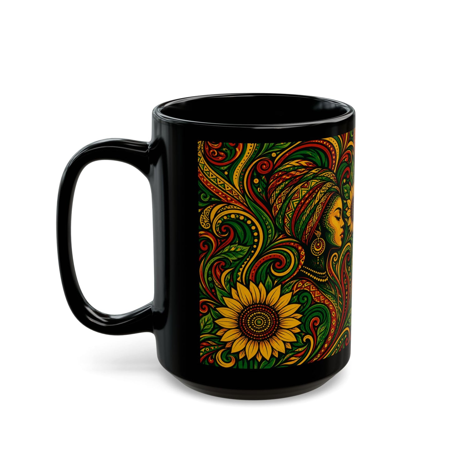 Afrocentric Sunflower Art Mug — Black Ceramic Coffee Cup (11oz/15oz)