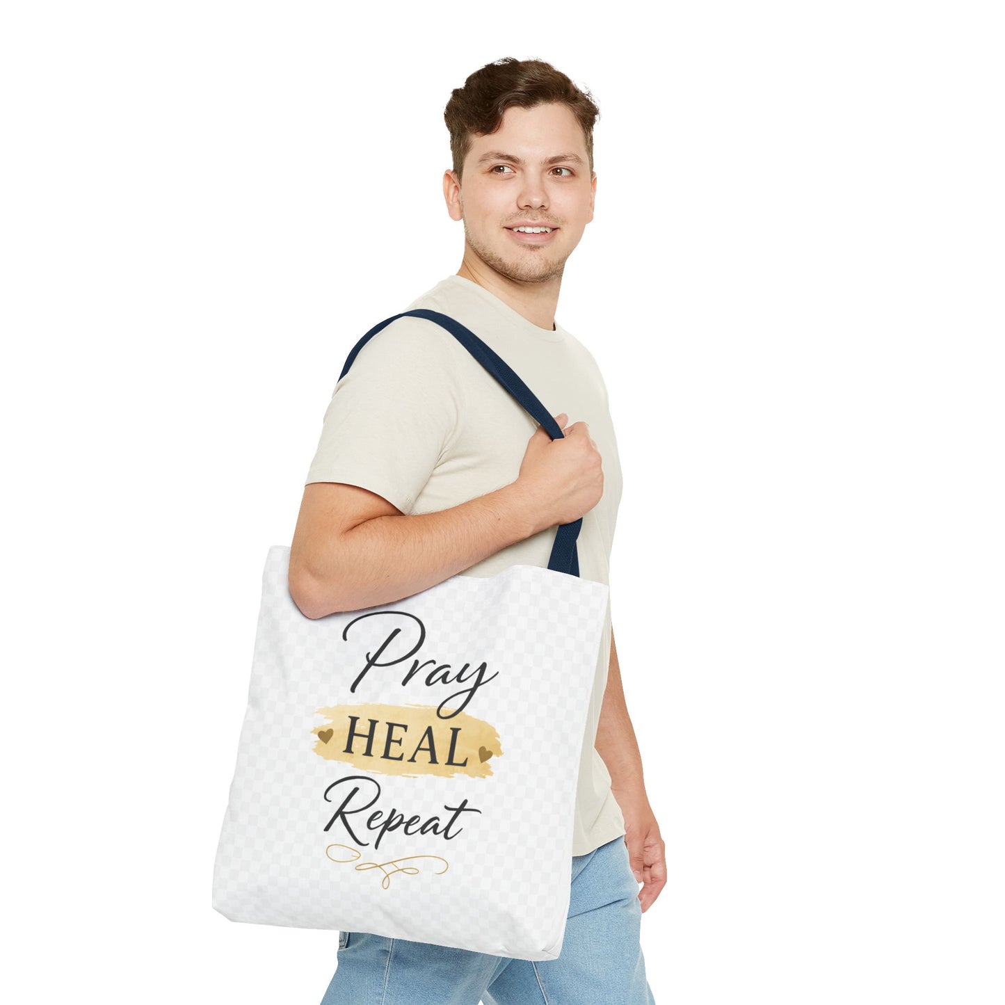 Pray Heal Repeat Tote Bag — Inspirational Faith Canvas Tote
