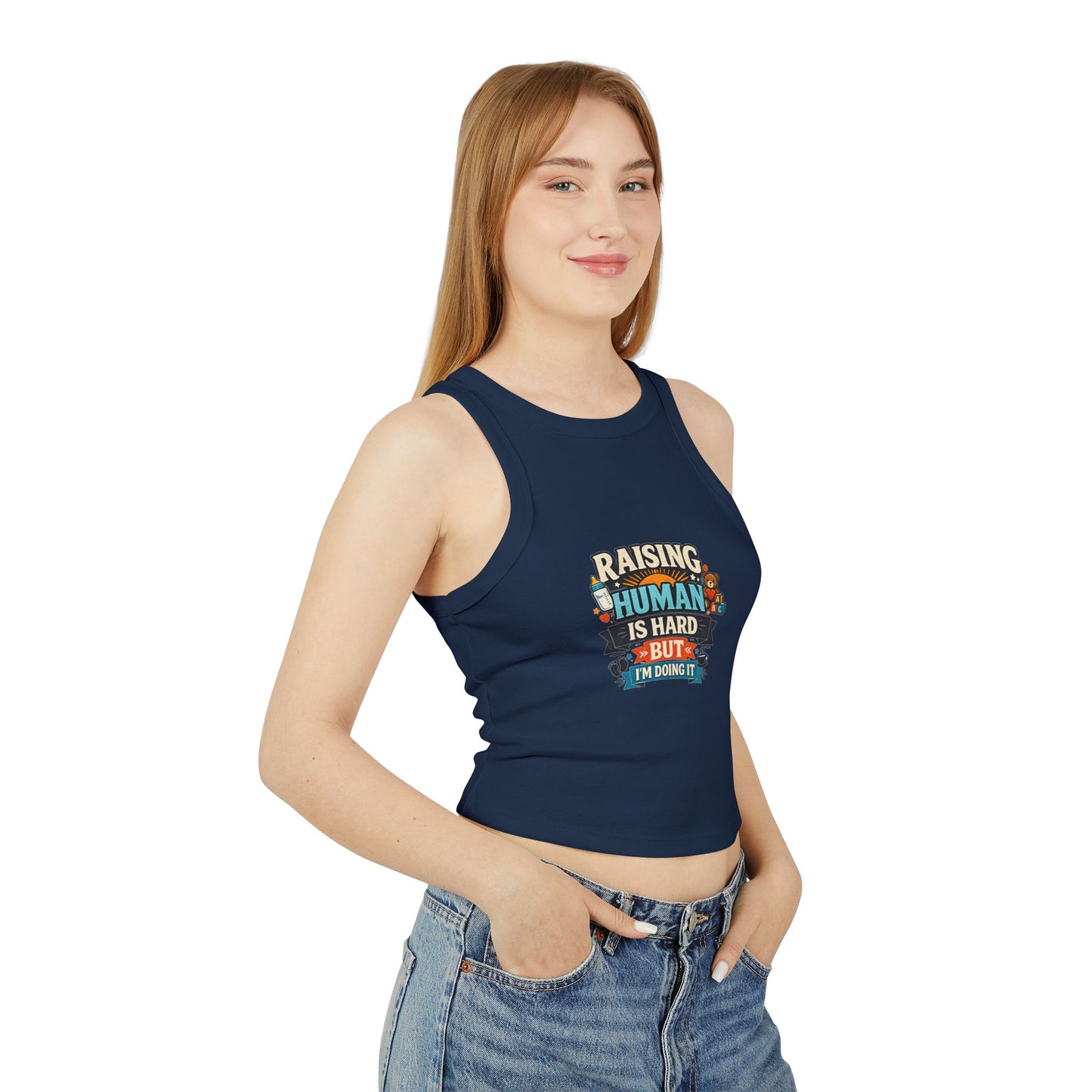 Raising Human Is Hard Racer Tank Top — Damen Micro Rib Erziehungs-T-Shirt