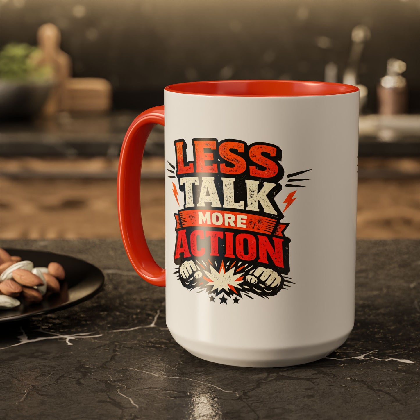Less Talk More Action Ceramic Mug — Colorful 11oz & 15oz Coffee Cup
