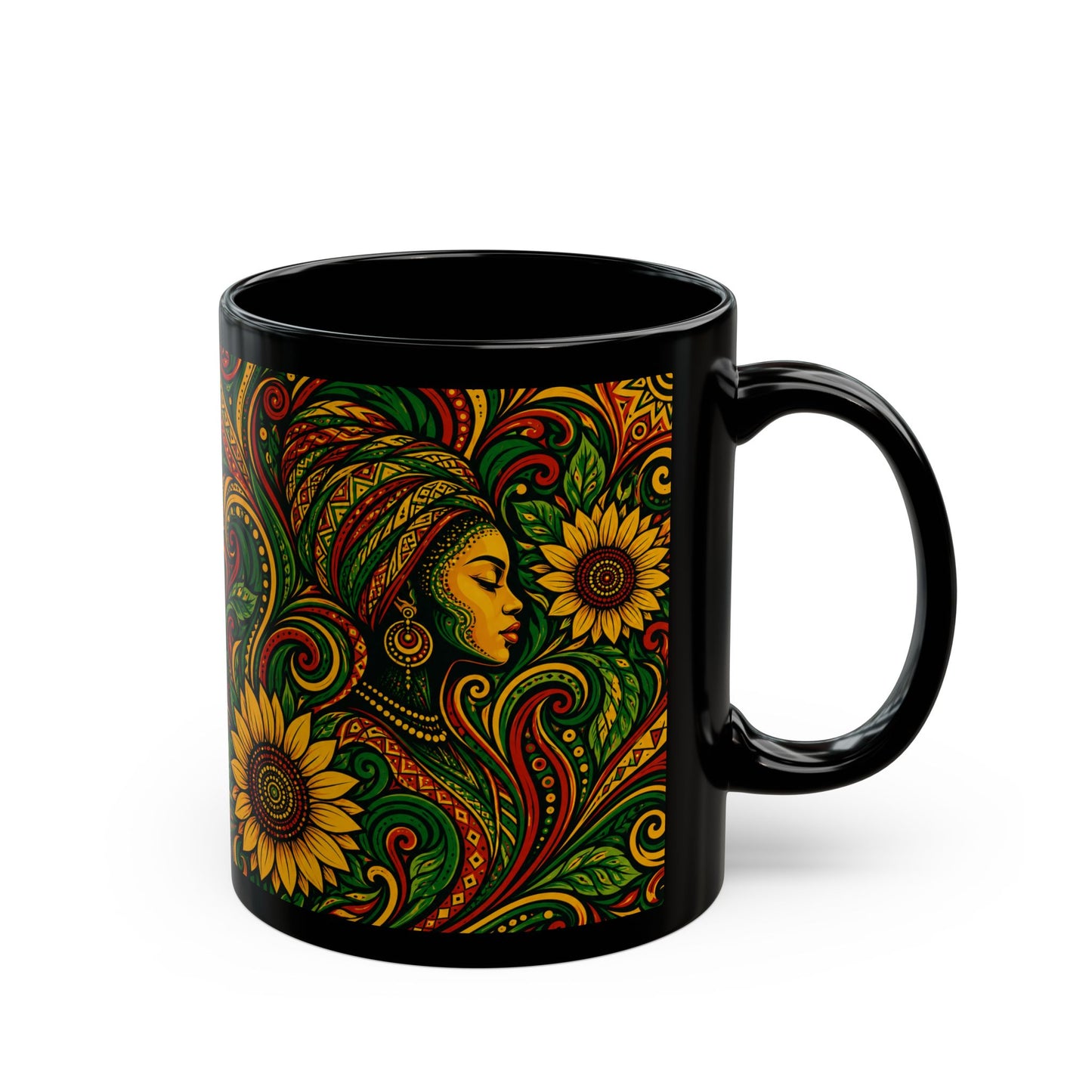 Afrocentric Sunflower Art Mug — Black Ceramic Coffee Cup (11oz/15oz)
