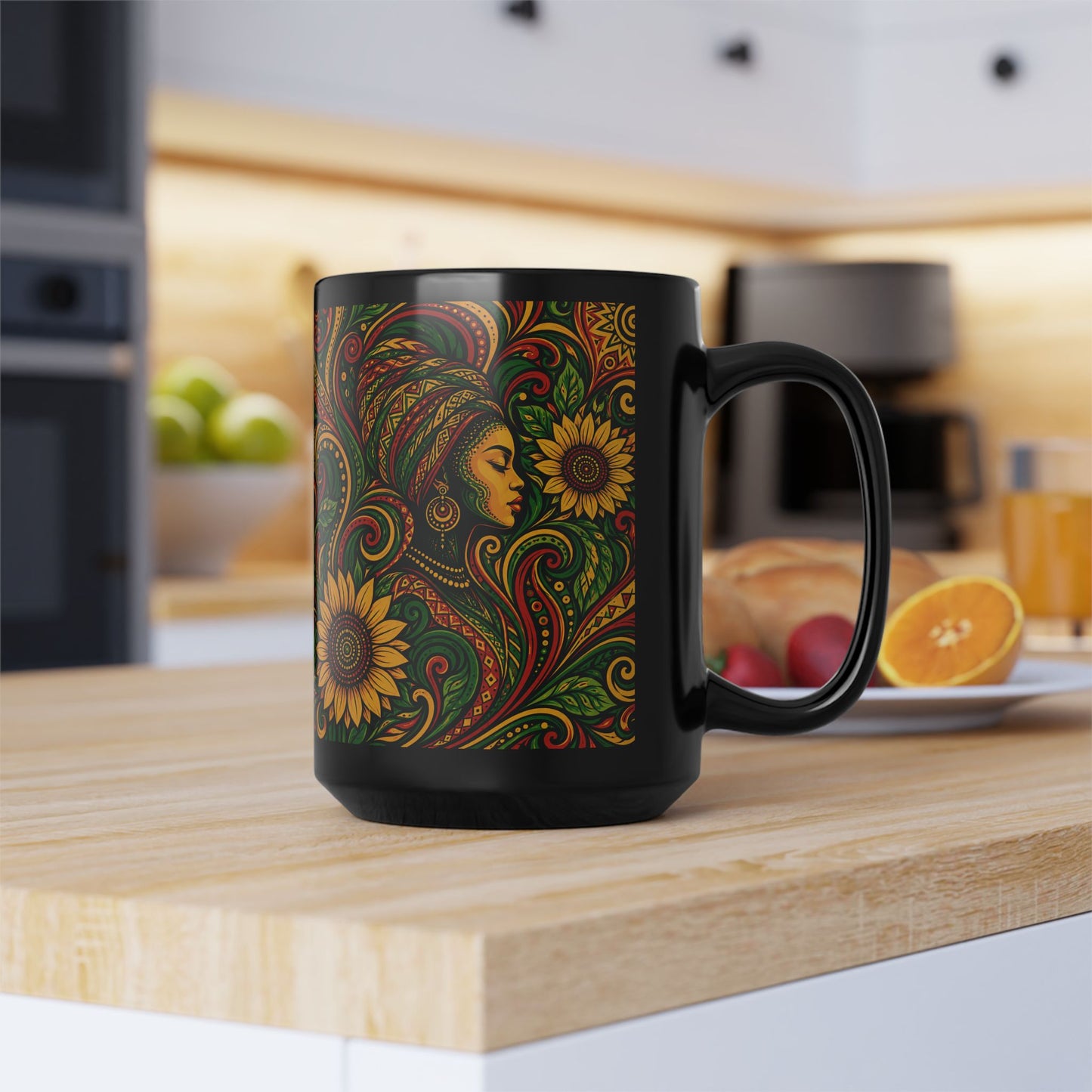 Afrocentric Sunflower Art Mug — Black Ceramic Coffee Cup (11oz/15oz)