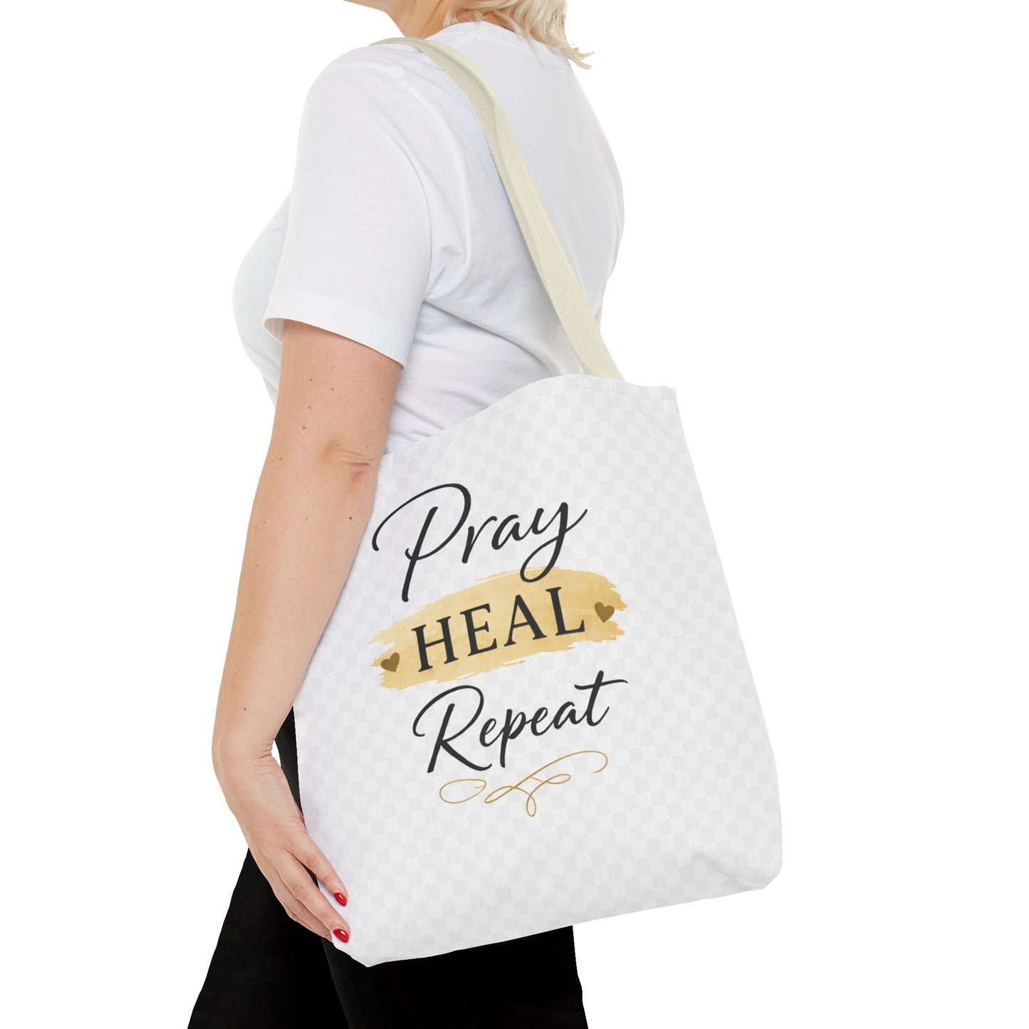 Pray Heal Repeat Tote Bag — Inspirational Faith Canvas Tote