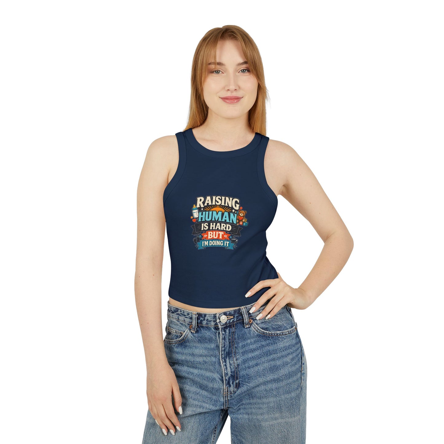 Raising Human Is Hard Racer Tank Top — Damen Micro Rib Erziehungs-T-Shirt