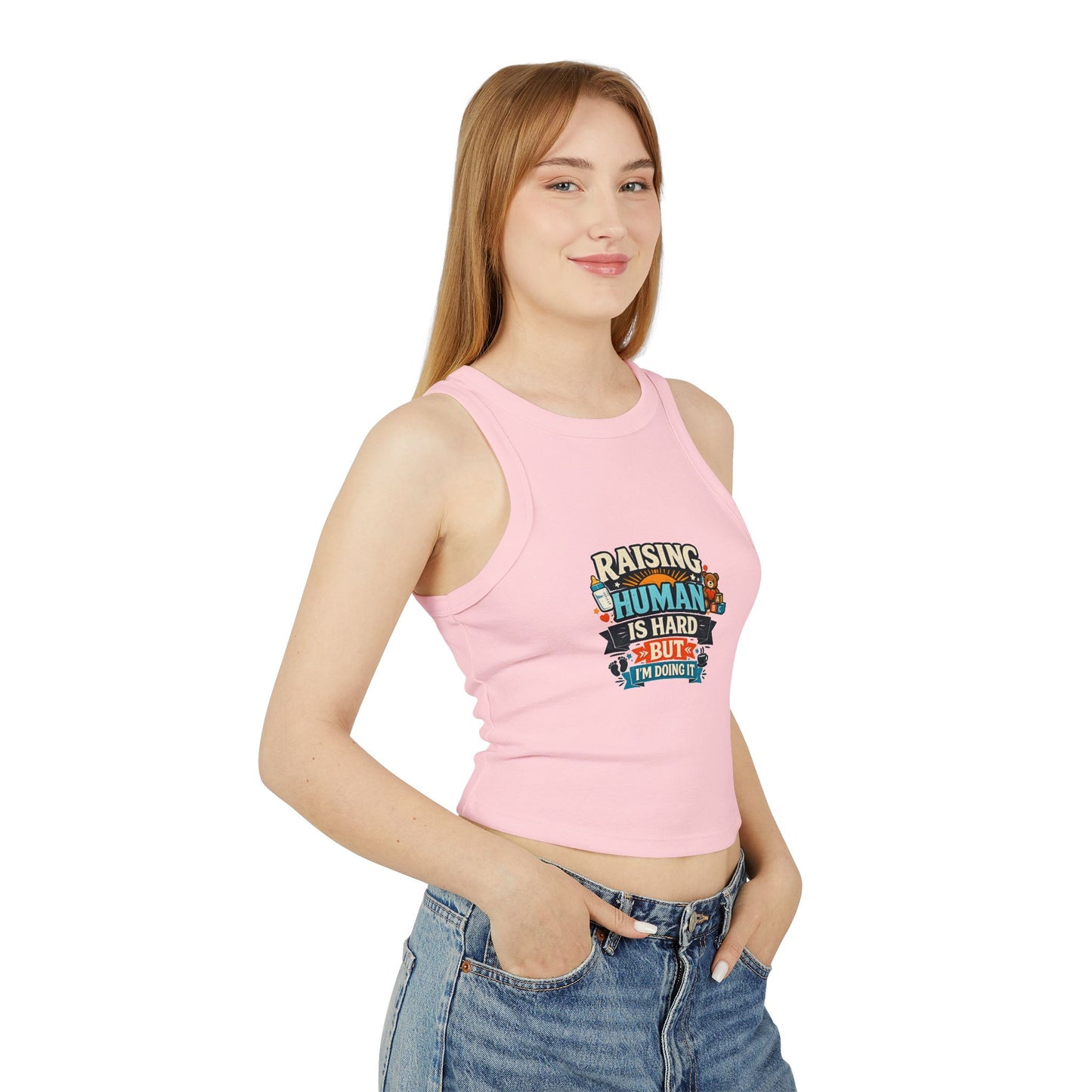 Raising Human Is Hard Racer Tank Top — Damen Micro Rib Erziehungs-T-Shirt