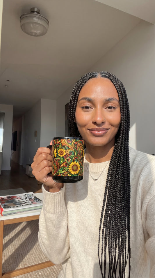 Afrocentric Sunflower Art Mug — Black Ceramic Coffee Cup (11oz/15oz)