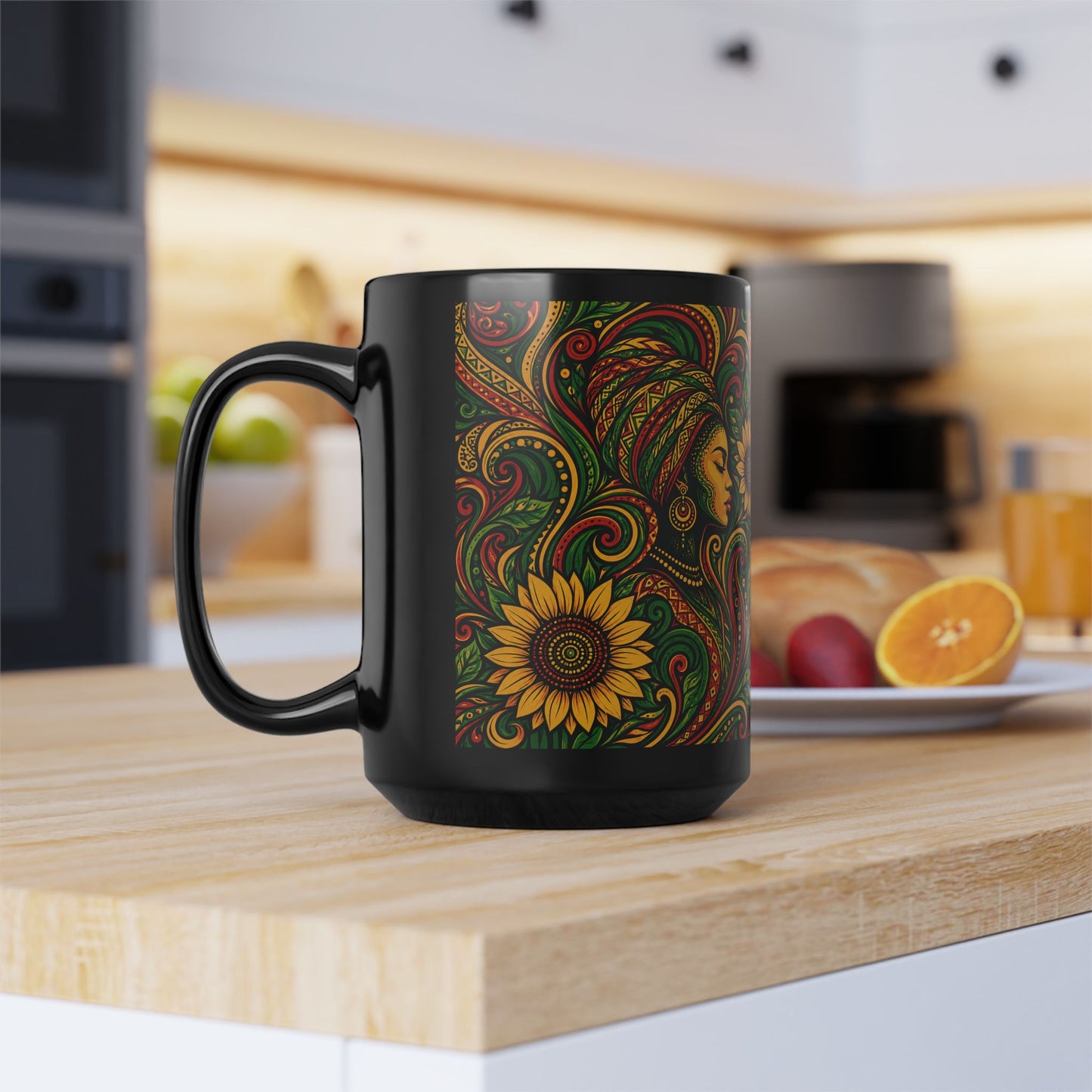 Afrocentric Sunflower Art Mug — Black Ceramic Coffee Cup (11oz/15oz)