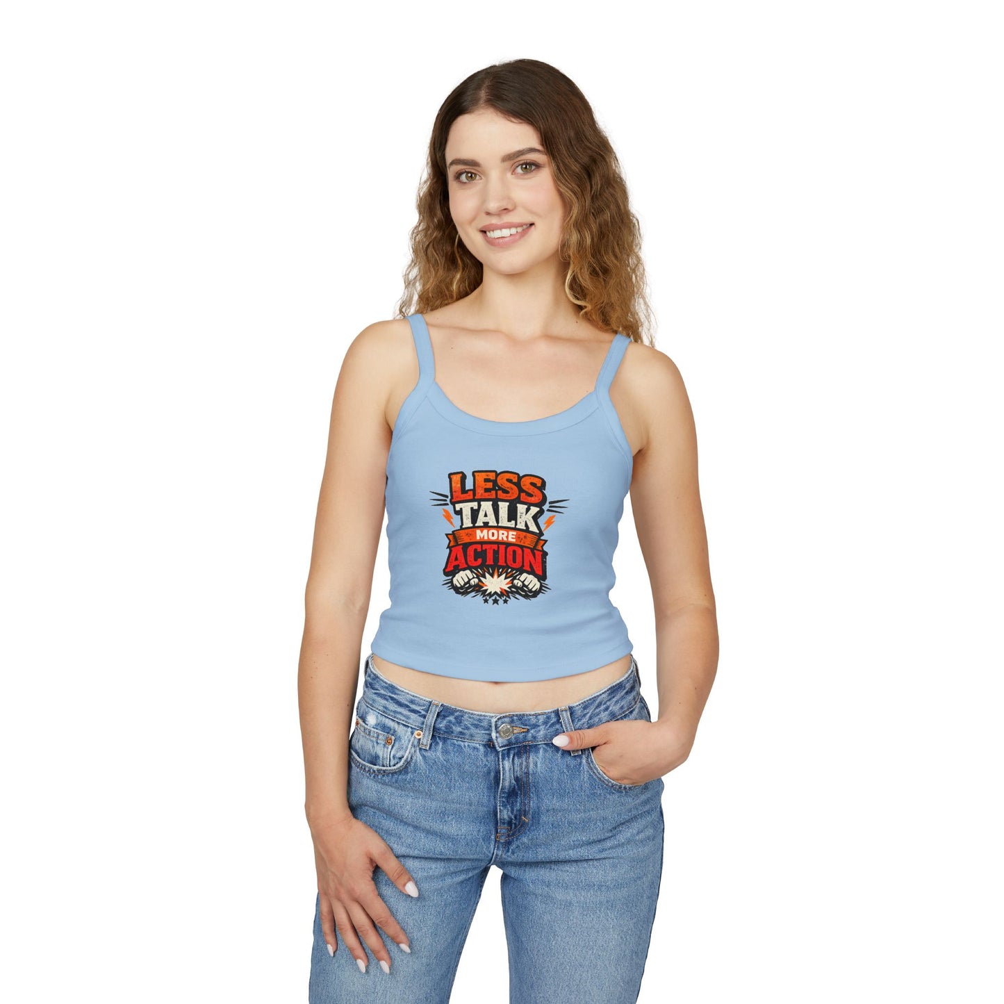 Tanktop „Weniger reden, mehr handeln“ für Damen mit Spaghettiträgern – Motivierende Activewear