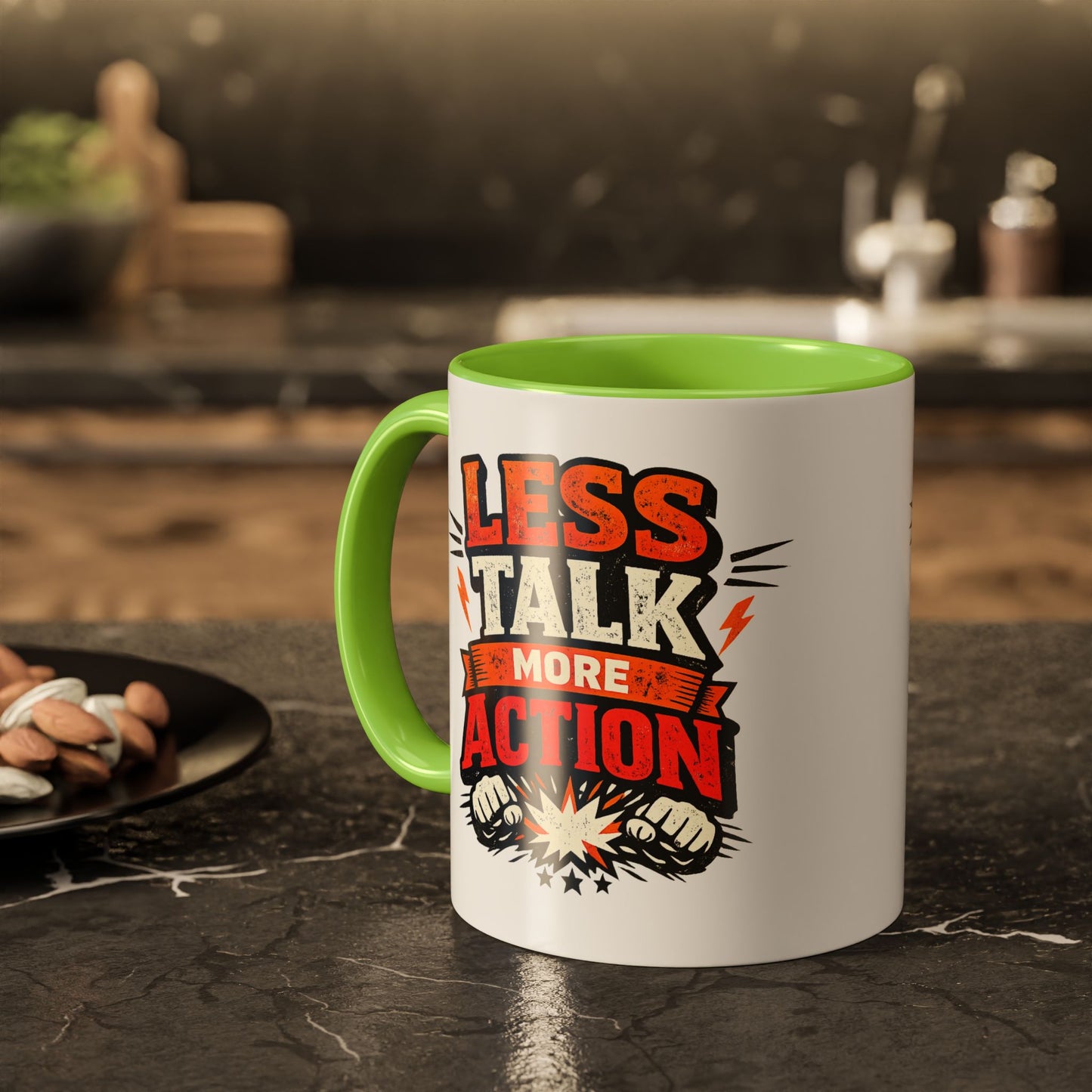 Less Talk More Action Ceramic Mug — Colorful 11oz & 15oz Coffee Cup