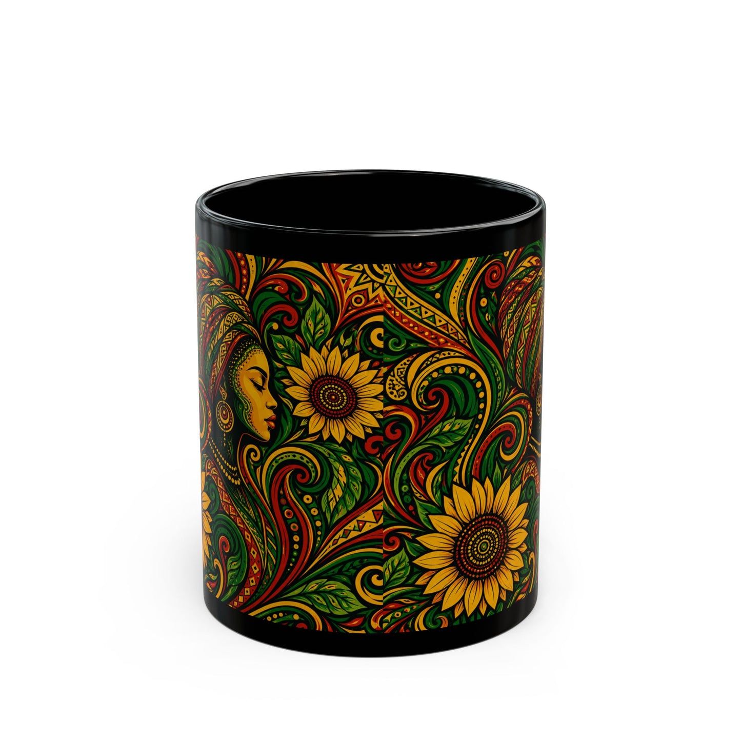 Afrocentric Sunflower Art Mug — Black Ceramic Coffee Cup (11oz/15oz)