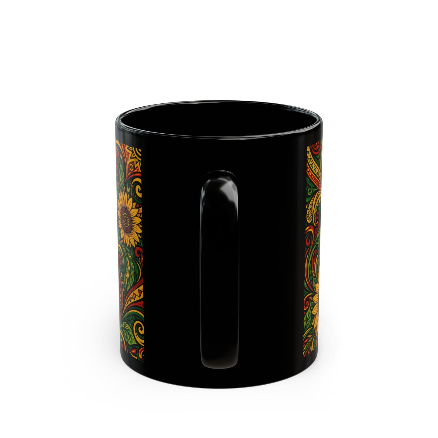 Afrocentric Sunflower Art Mug — Black Ceramic Coffee Cup (11oz/15oz)