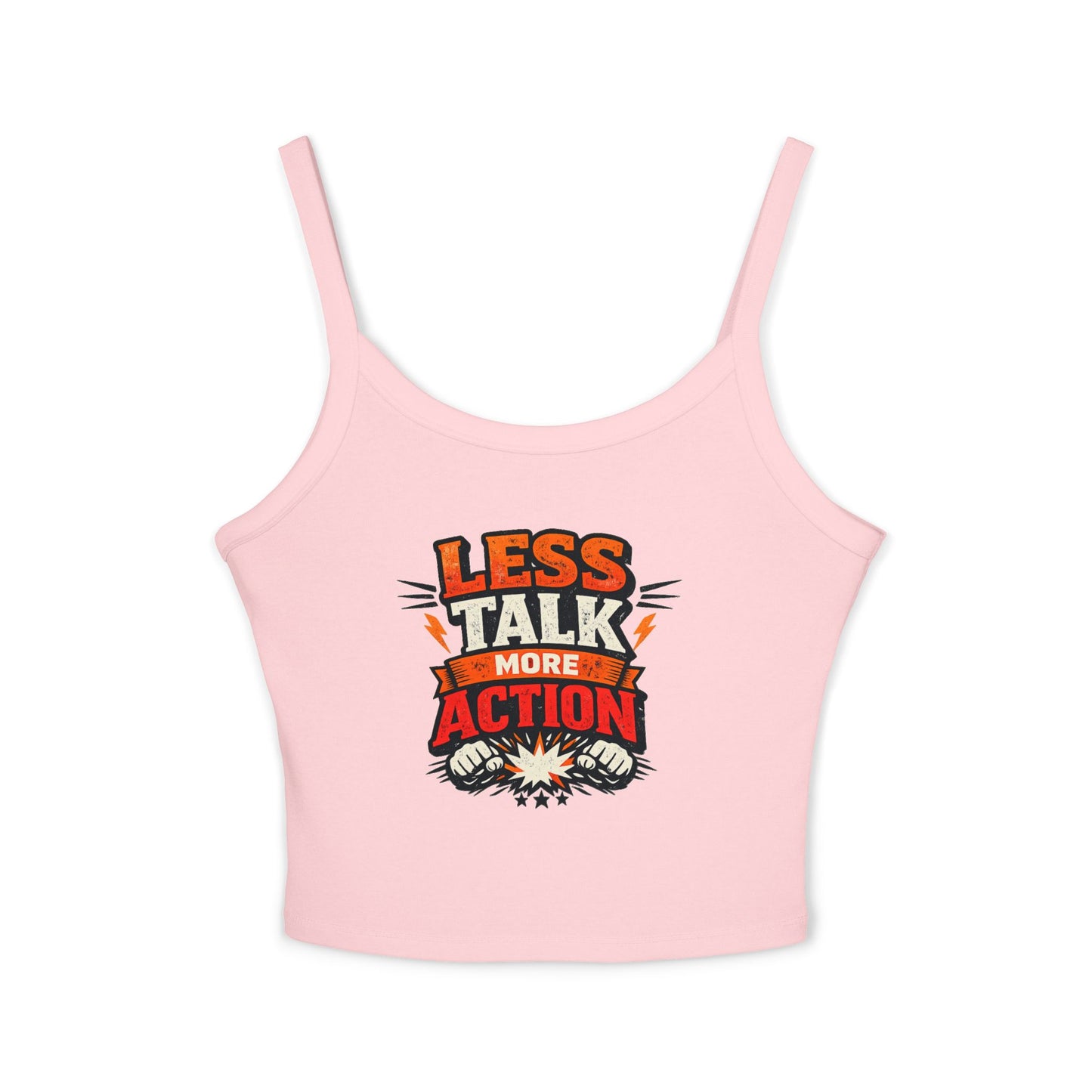 Tanktop „Weniger reden, mehr handeln“ für Damen mit Spaghettiträgern – Motivierende Activewear