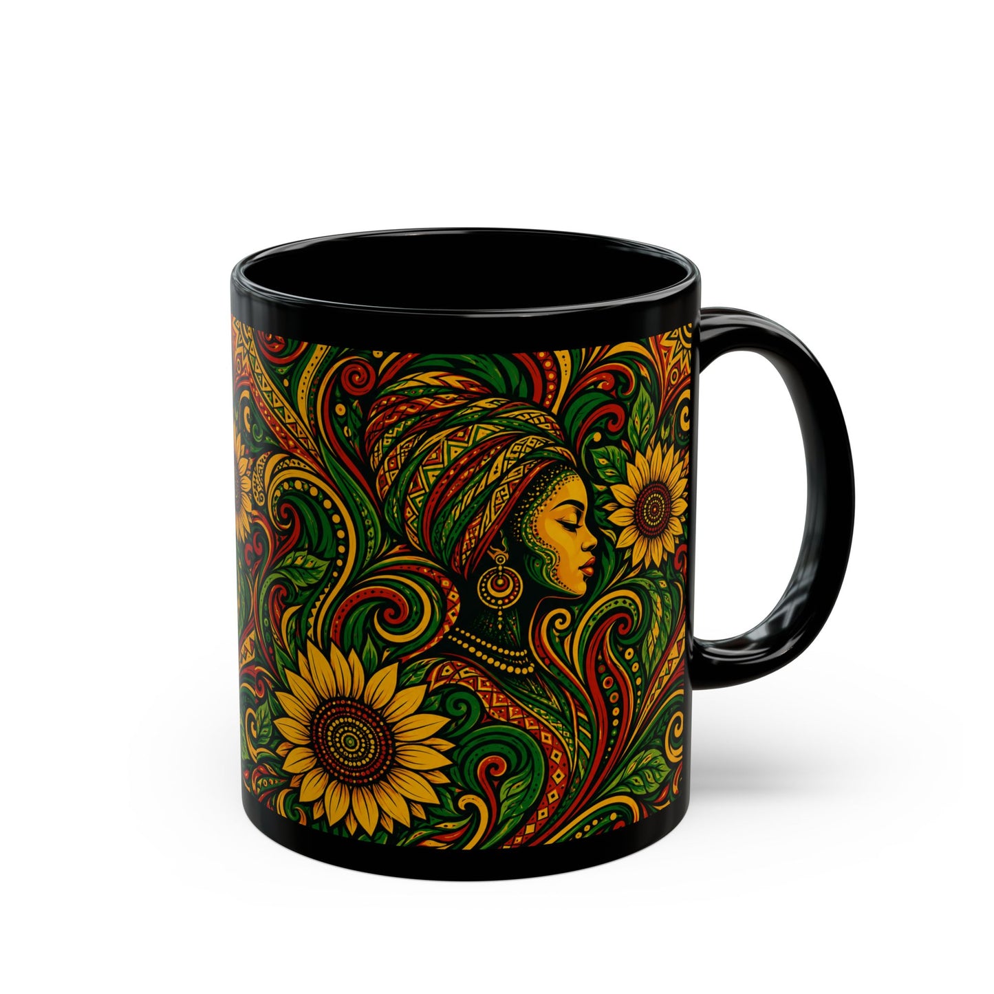 Afrocentric Sunflower Art Mug — Black Ceramic Coffee Cup (11oz/15oz)