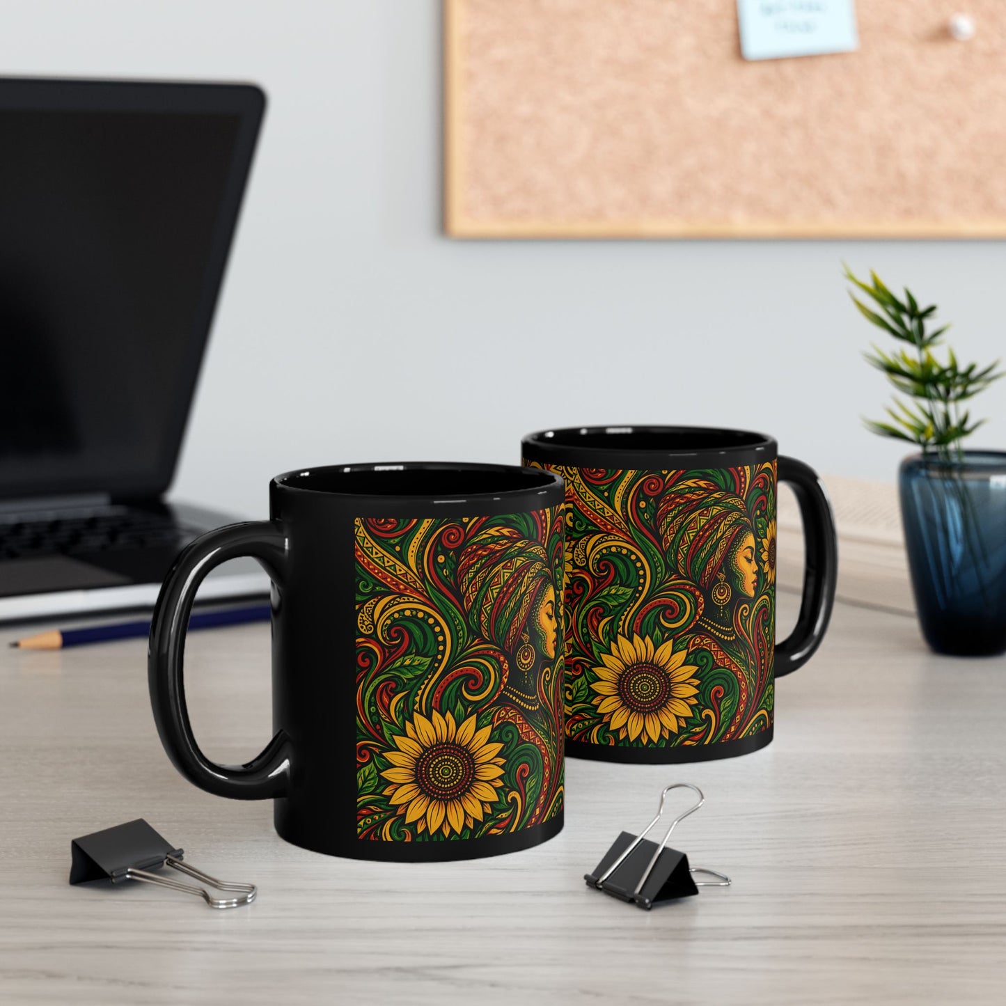 Afrocentric Sunflower Art Mug — Black Ceramic Coffee Cup (11oz/15oz)