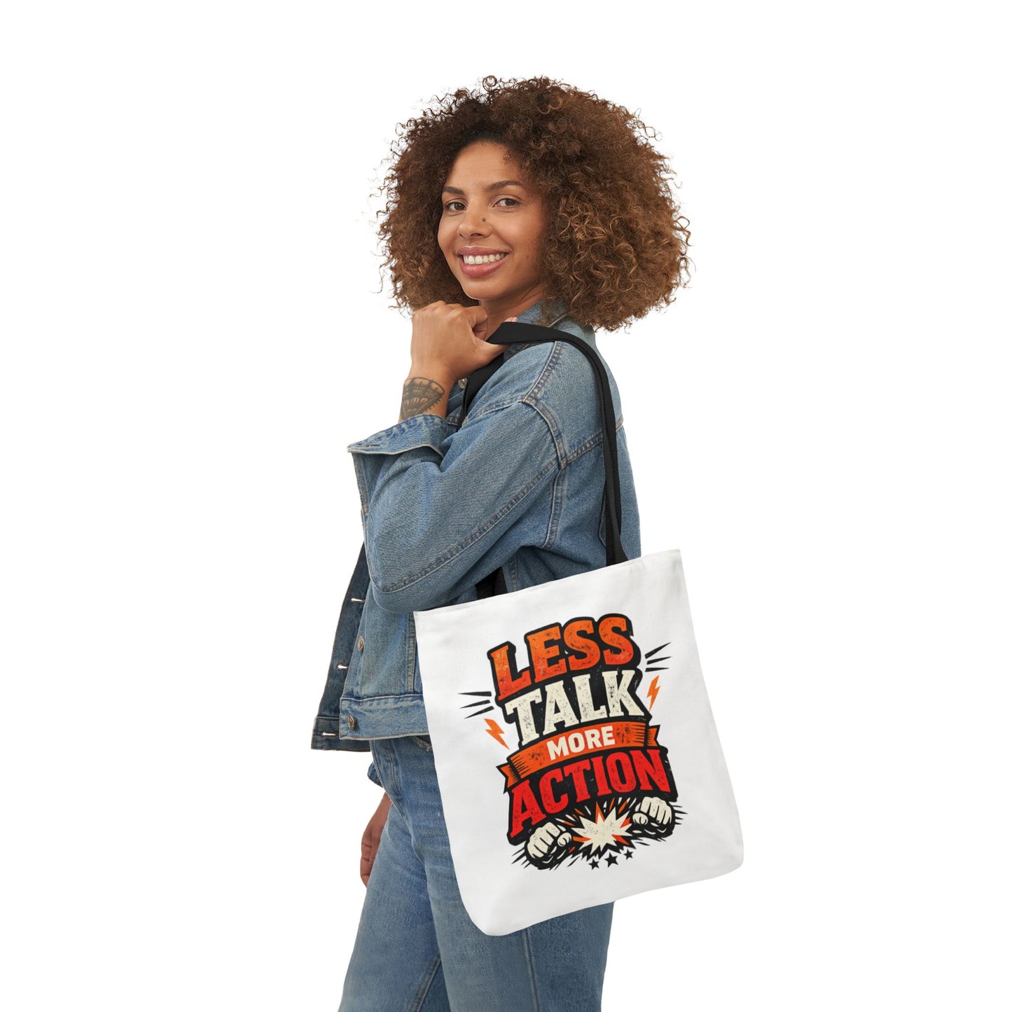 LESS TALK MORE ACTION Canvas Tote Bag — Motivational Everyday Shopper