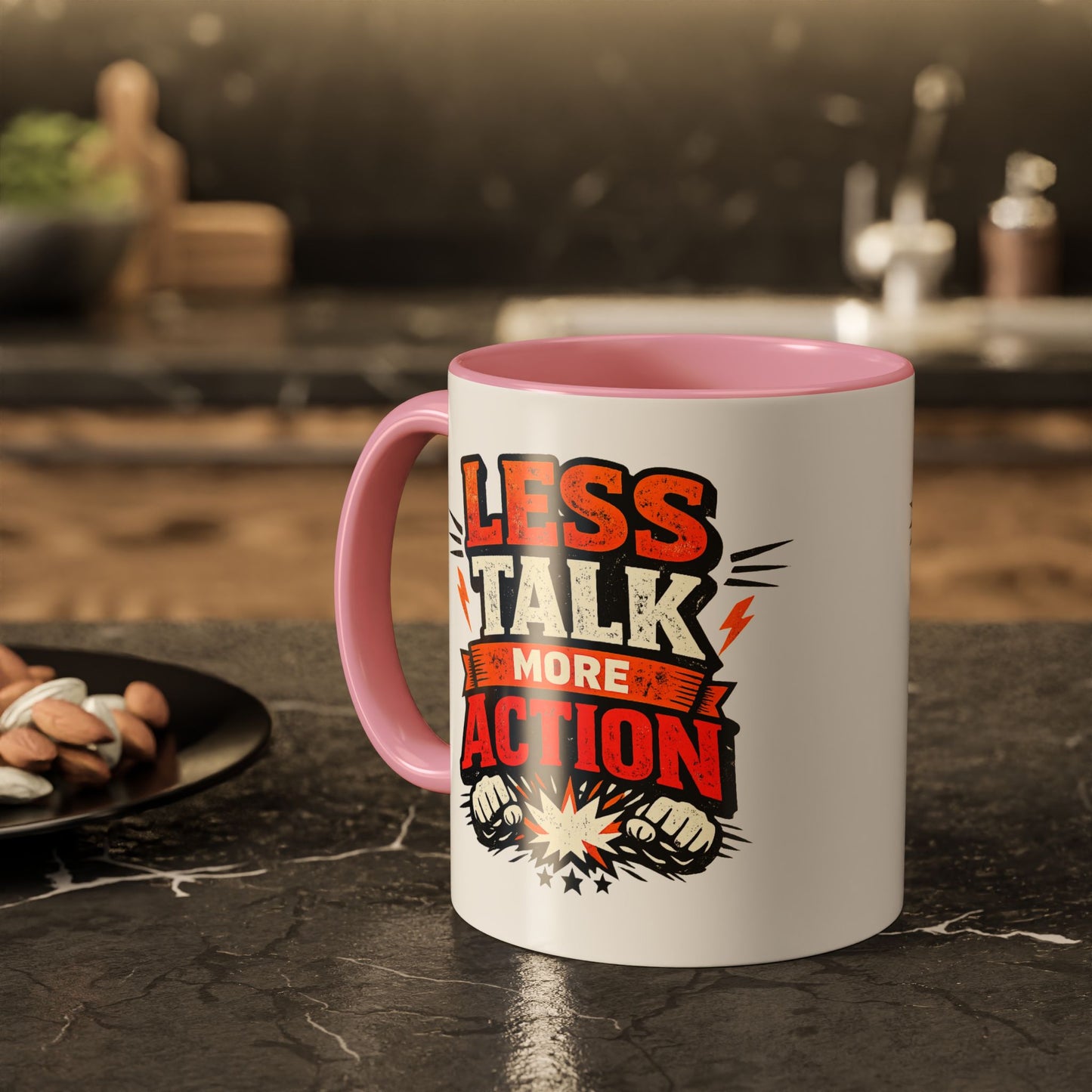 Less Talk More Action Ceramic Mug — Colorful 11oz & 15oz Coffee Cup