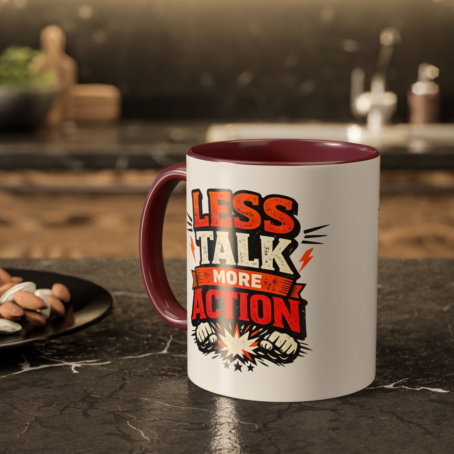 Less Talk More Action Ceramic Mug — Colorful 11oz & 15oz Coffee Cup